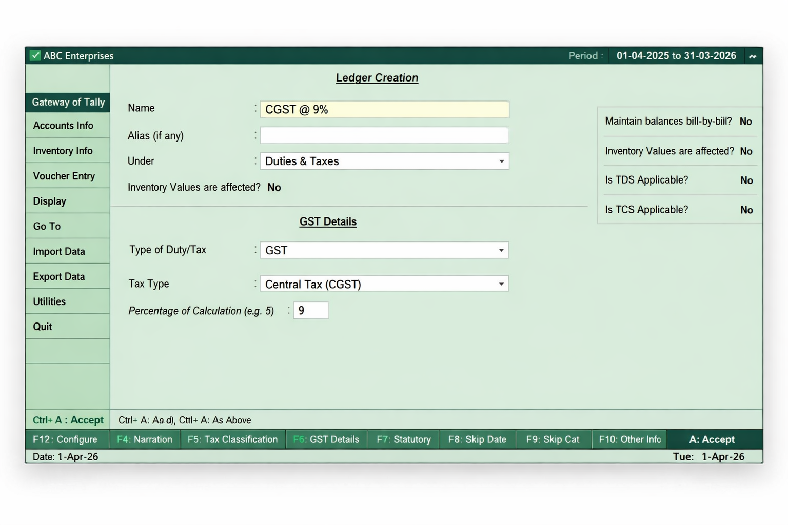 Creating CGST ledger under Duties and Taxes group in Tally ERP 9 step by step