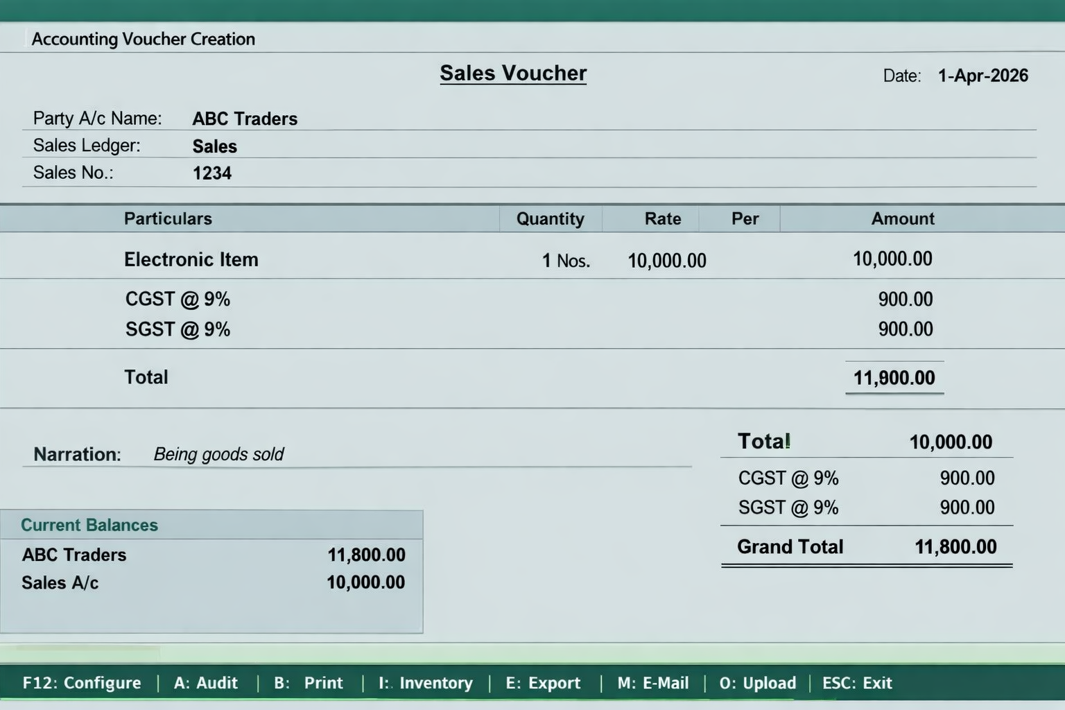 Sample GST Sales Invoice in Tally ERP 9 with CGST and SGST calculation