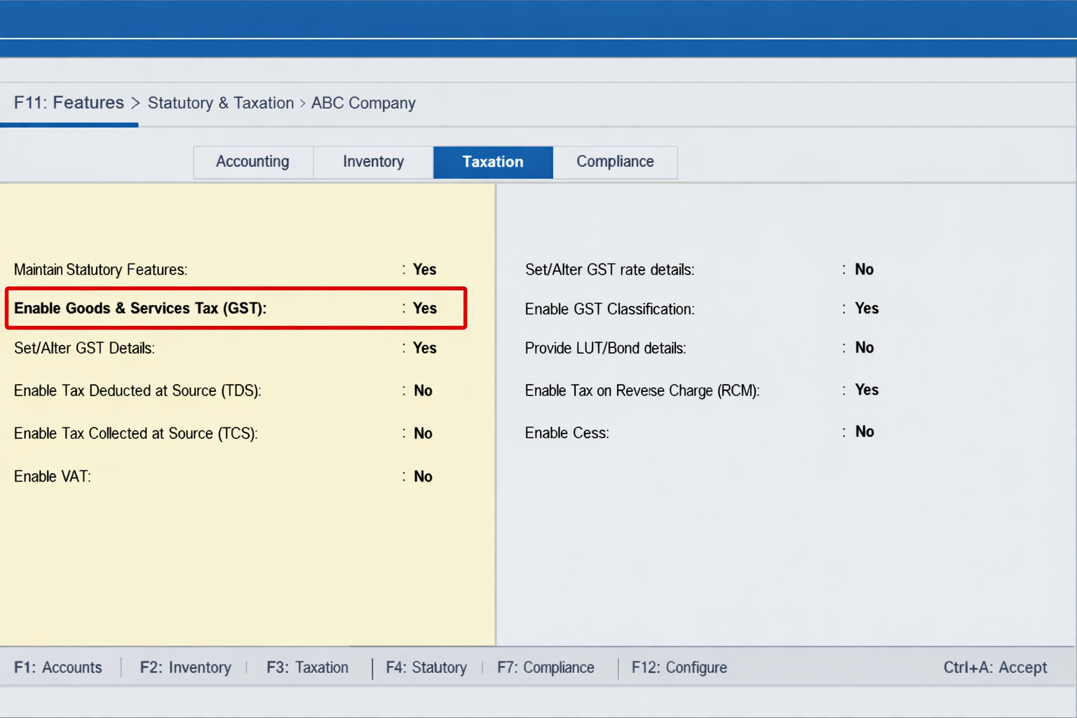 Enabling Goods and Services Tax (GST) in Tally Prime via F11 Company Features Statutory and Taxation settings