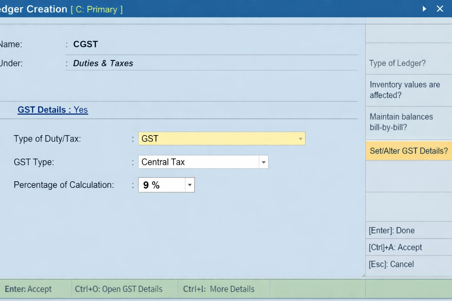 How to create SGST ledger in Tally Prime selecting GST as Type of Duty and State Tax as GST Type for 9 percent rate