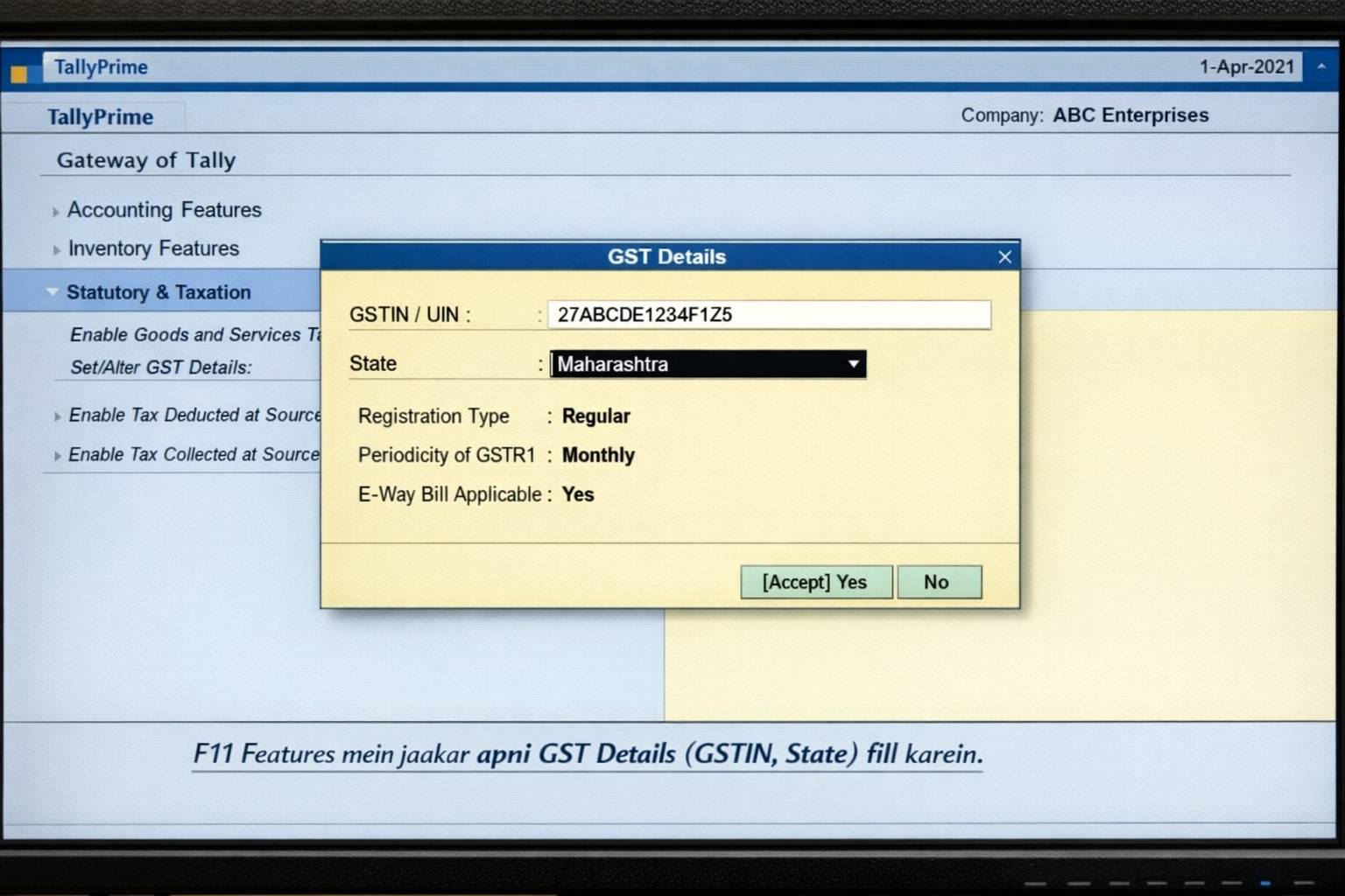 How to enable GST in Tally Prime F11 Statutory and Taxation features including GSTIN and Registration Type configuration.