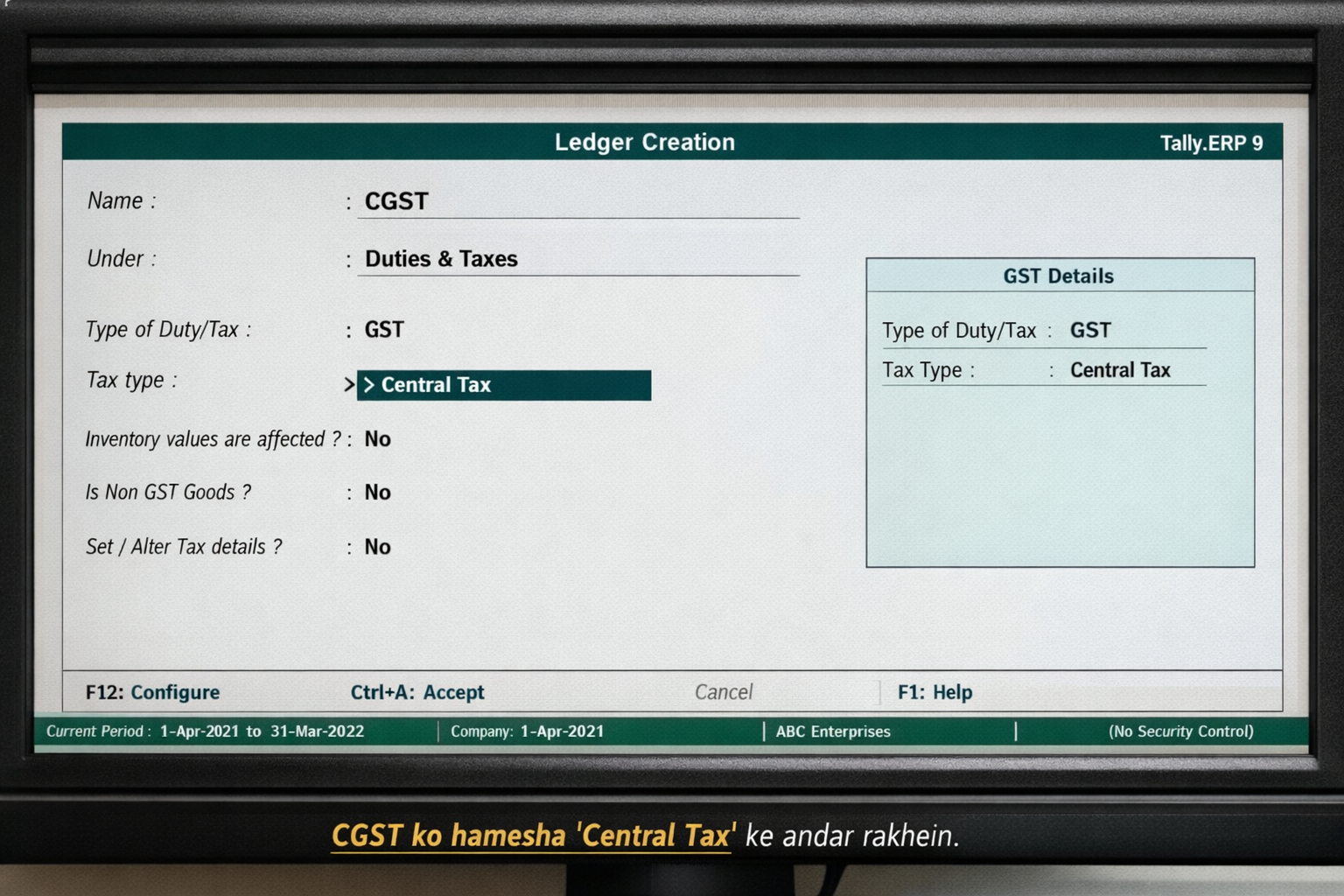 Creating CGST Ledger in Tally Prime under Duties and Taxes with Central Tax type for auto tax calculation.