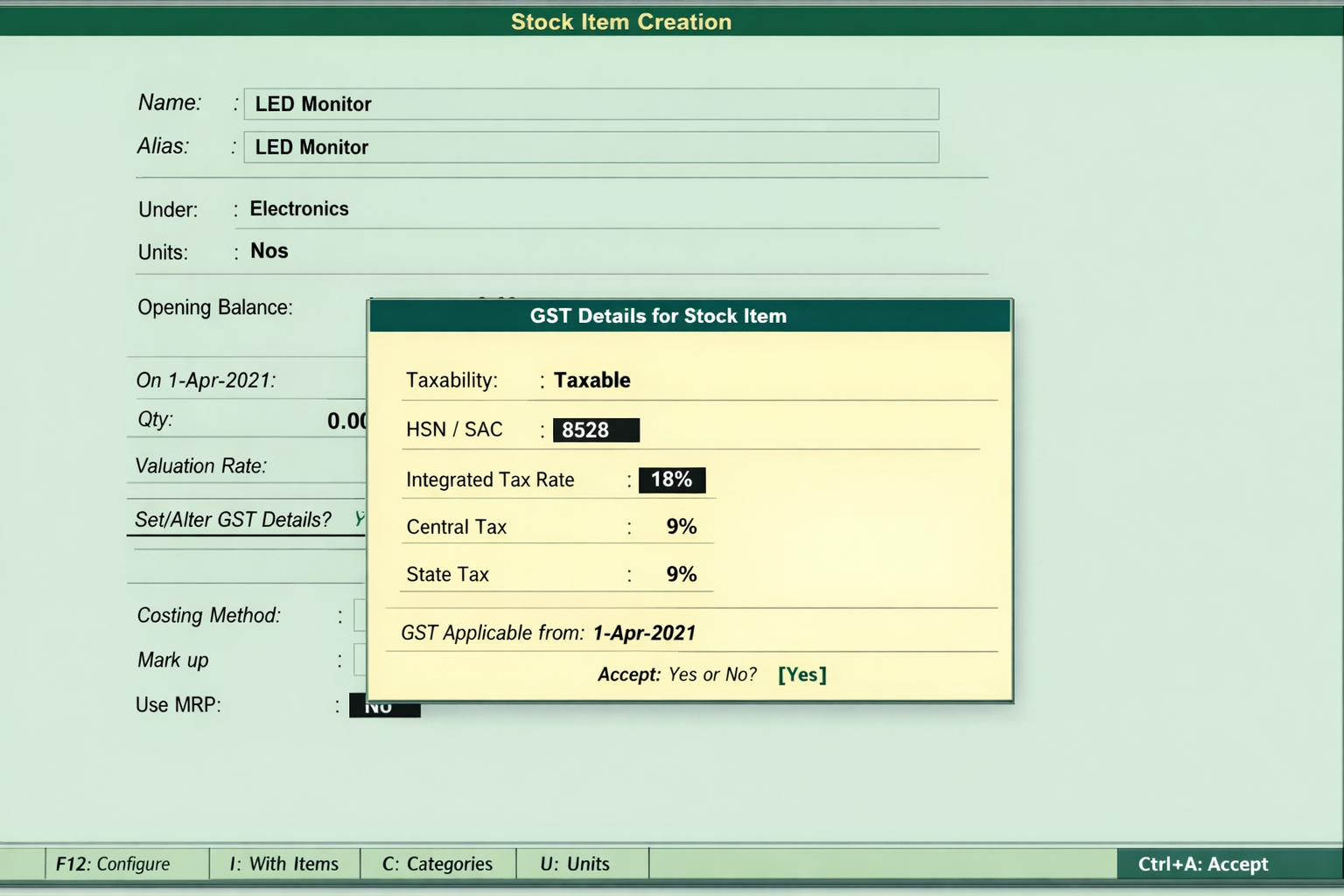 Setting 18 percent GST rate and HSN code for LED Monitor in Tally Prime Stock Item Creation screen.