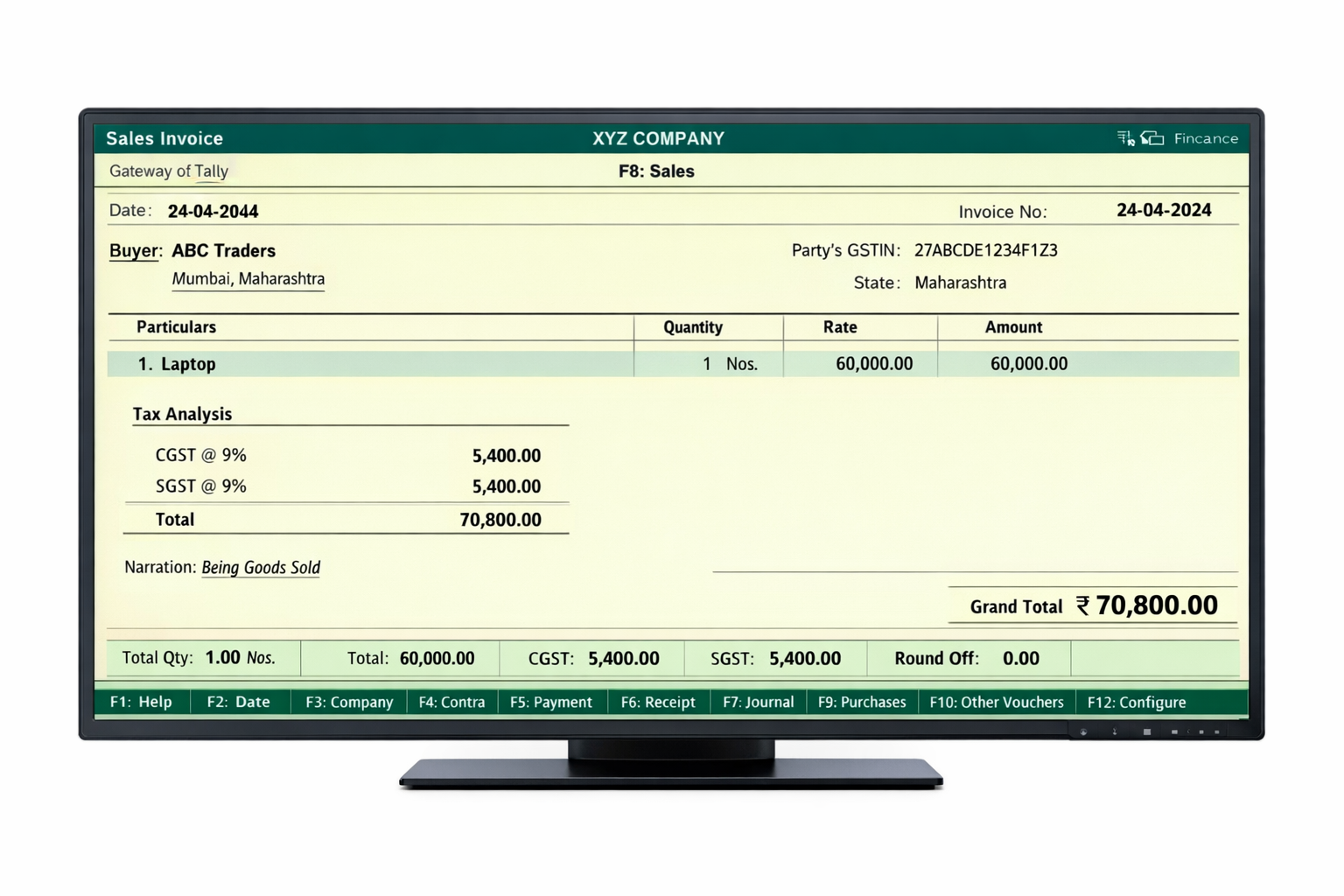 Tally Prime Sales Invoice showing automatic CGST and SGST calculation for Laptop sale to ABC Traders.