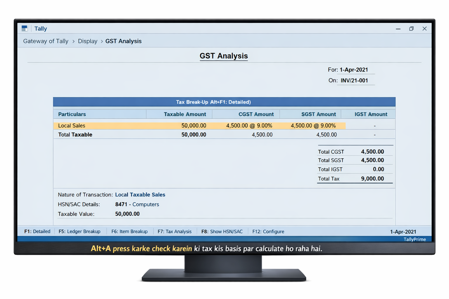 GST Analysis screen in Tally Prime showing detailed tax break-up for Local Sales with HSN and taxable value.