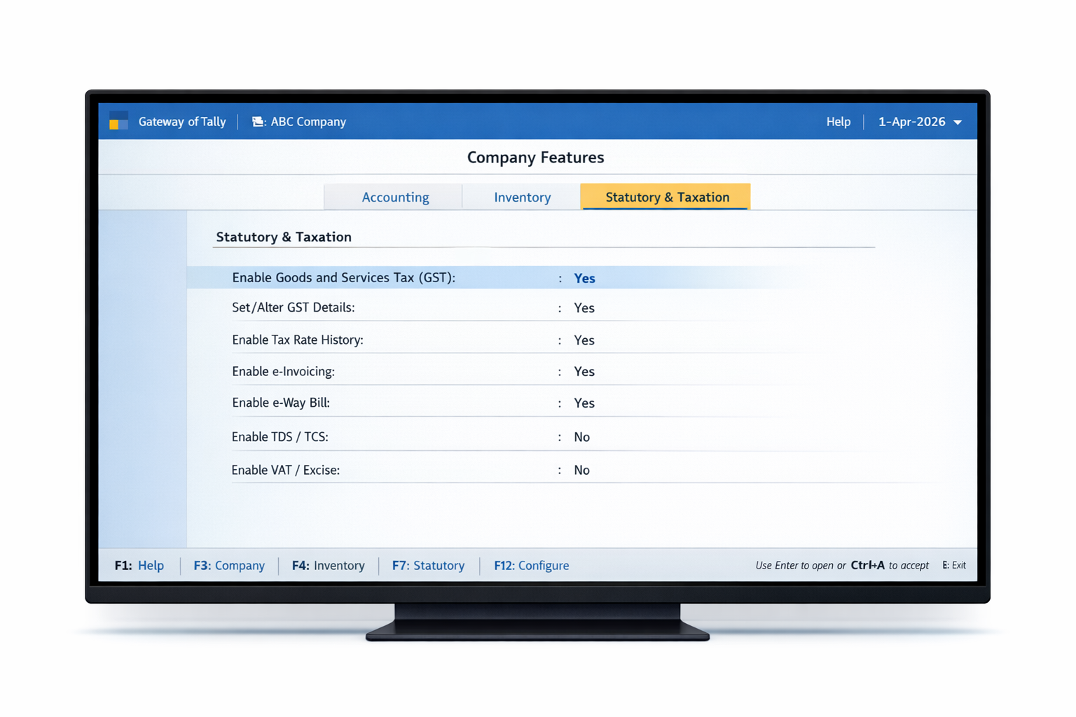 how-to-enable-gst-in-tally-prime-2026-f11-features-screen