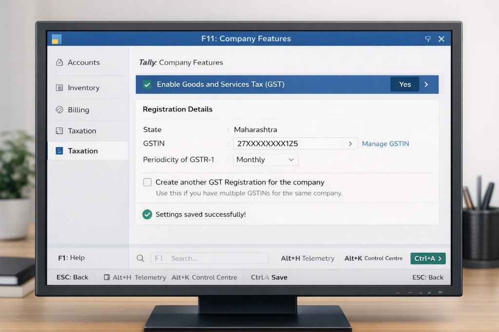 TallyPrime F11 Company Features screen showing Enable Goods and Services Tax GST set to Yes with GSTIN, state Maharashtra and GSTR-1 monthly configuration in 2026
