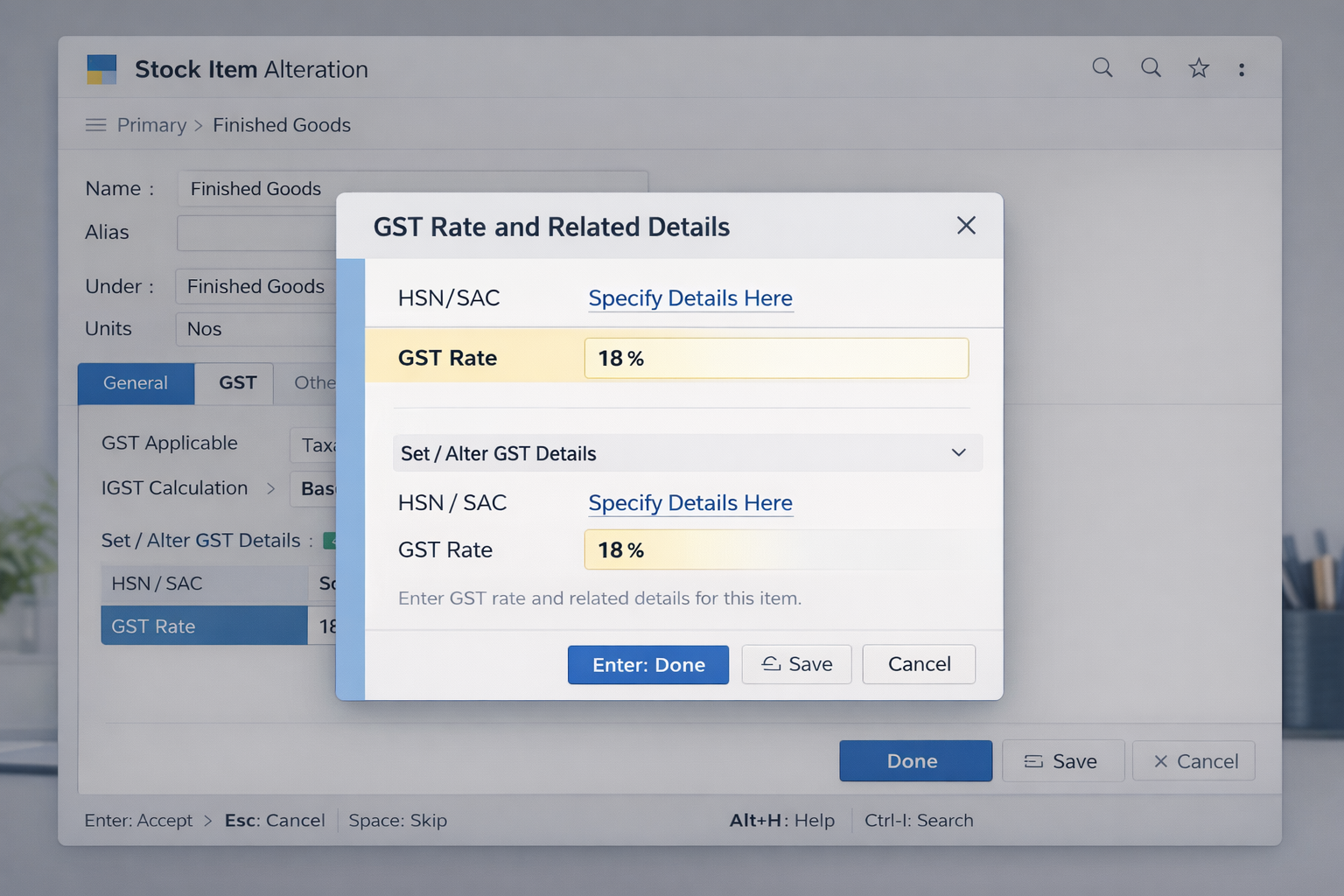TallyPrime Stock Item GST Rate and HSN SAC setup screen using Specify Details Here with 18 percent GST rate for automatic tax calculation in 2026
