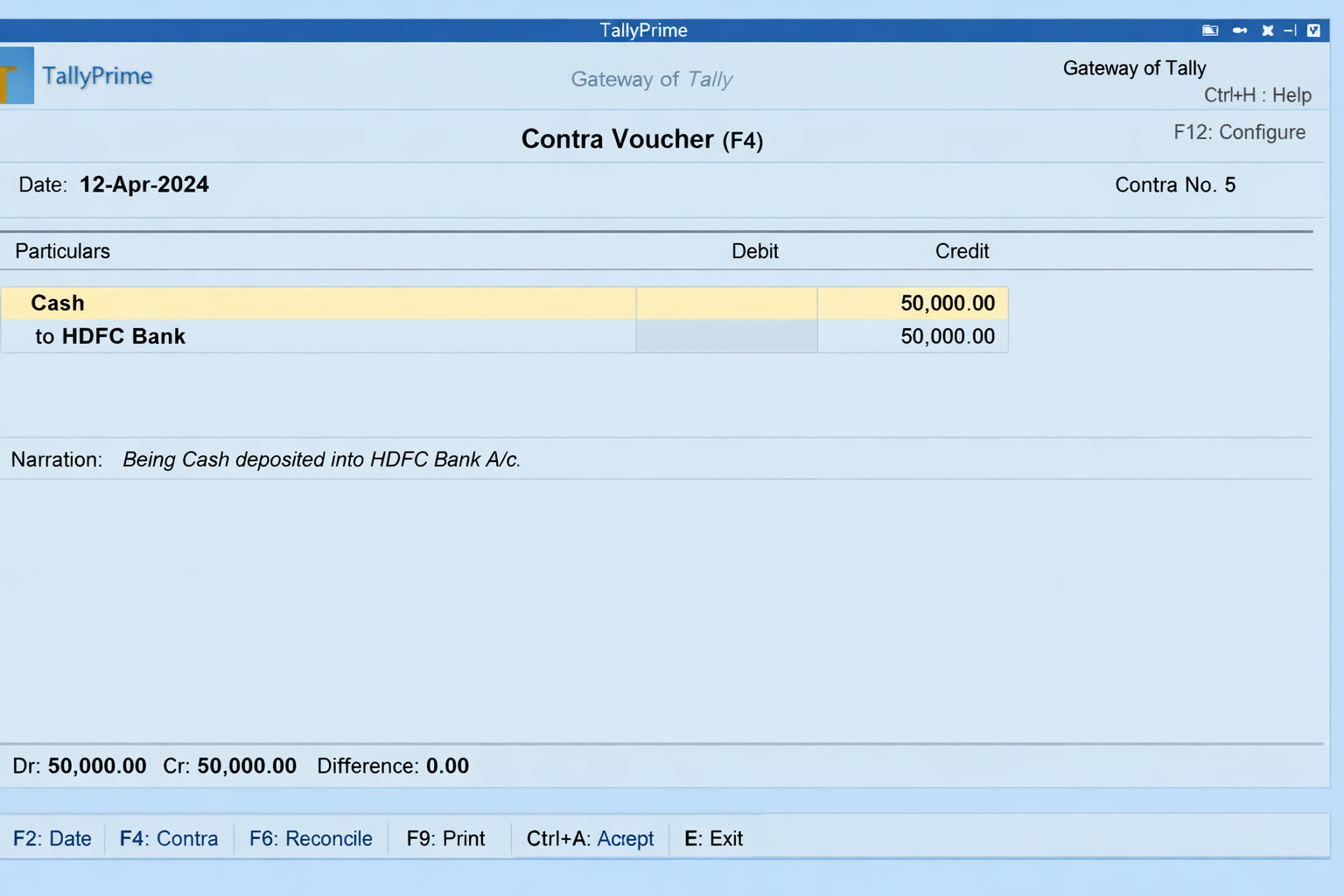Tally Prime Contra Voucher F4 screenshot showing cash deposited into HDFC Bank account, non taxable banking transaction example in Tally