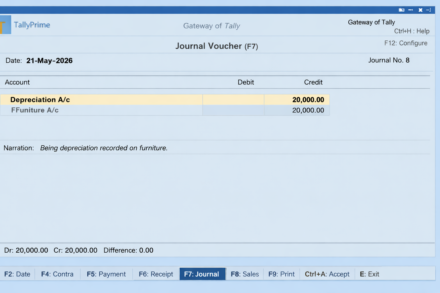 Tally Prime Journal Voucher F7 for depreciation entry with Depreciation Account and Furniture Account, practical accounting example without GST
