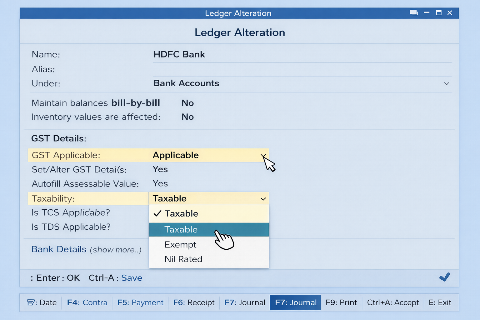 Tally Prime Ledger Alteration screen showing GST Applicable and Taxability set to Taxable, step by step guide to fix GST configuration errors