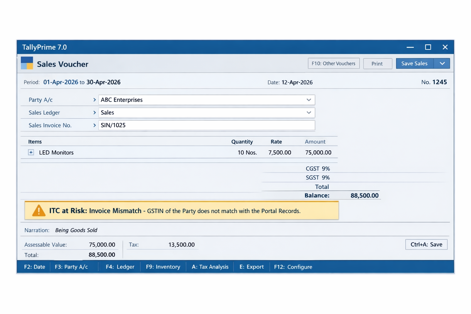 TallyPrime 7.0 Sales Voucher interface showing ITC at Risk warning for GSTIN mismatch in 2026
