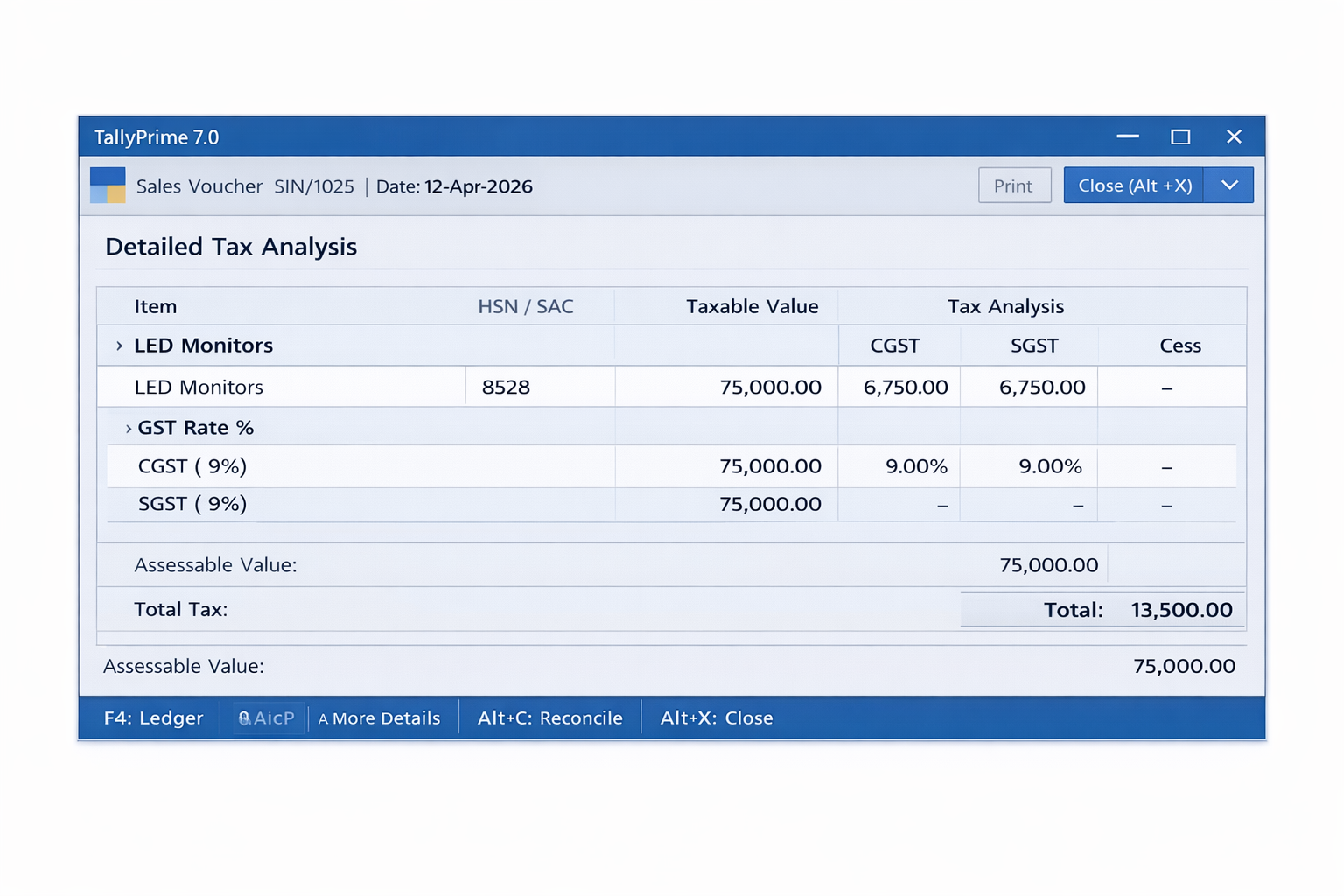 Detailed Tax Analysis in TallyPrime 7.0 displaying HSN code 8528 and item-wise GST rates