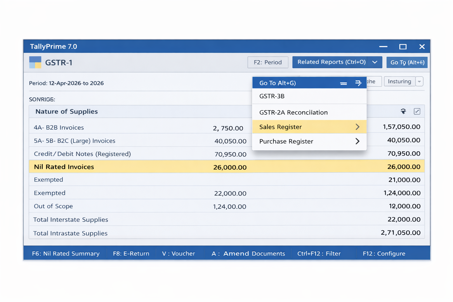 TallyPrime 7.0 GSTR-1 report navigation using Go To Alt+G shortcut for fast GST filing