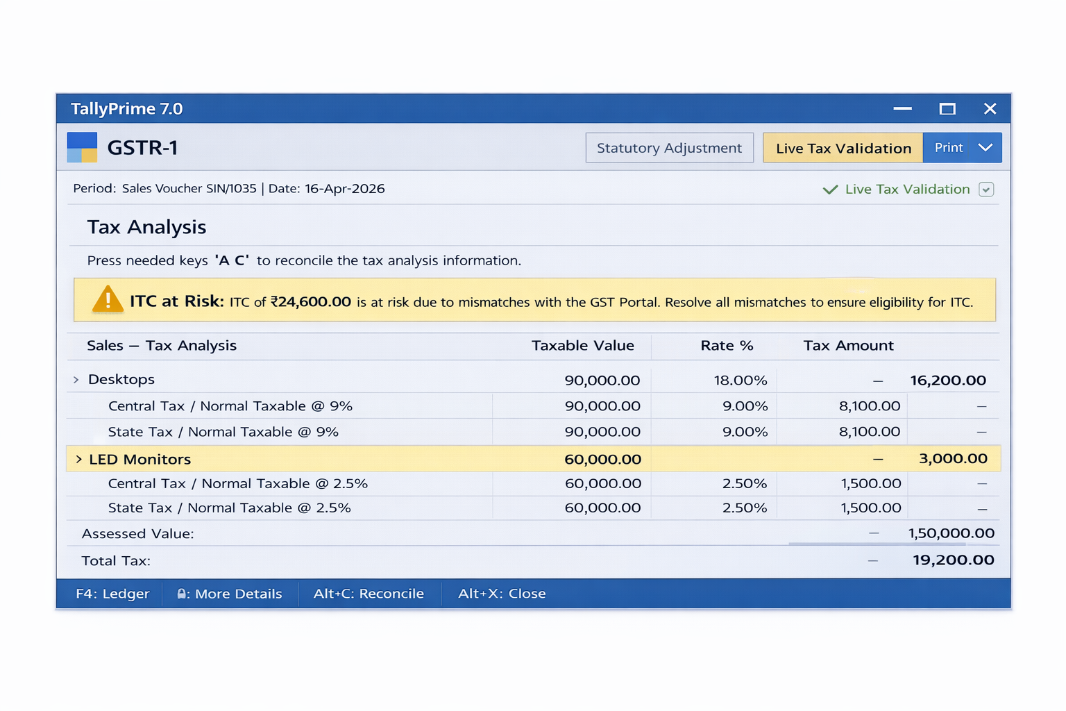 TallyPrime 7.0 Live Tax Validation and Statutory Adjustment feature for real-time GST portal sync 2026