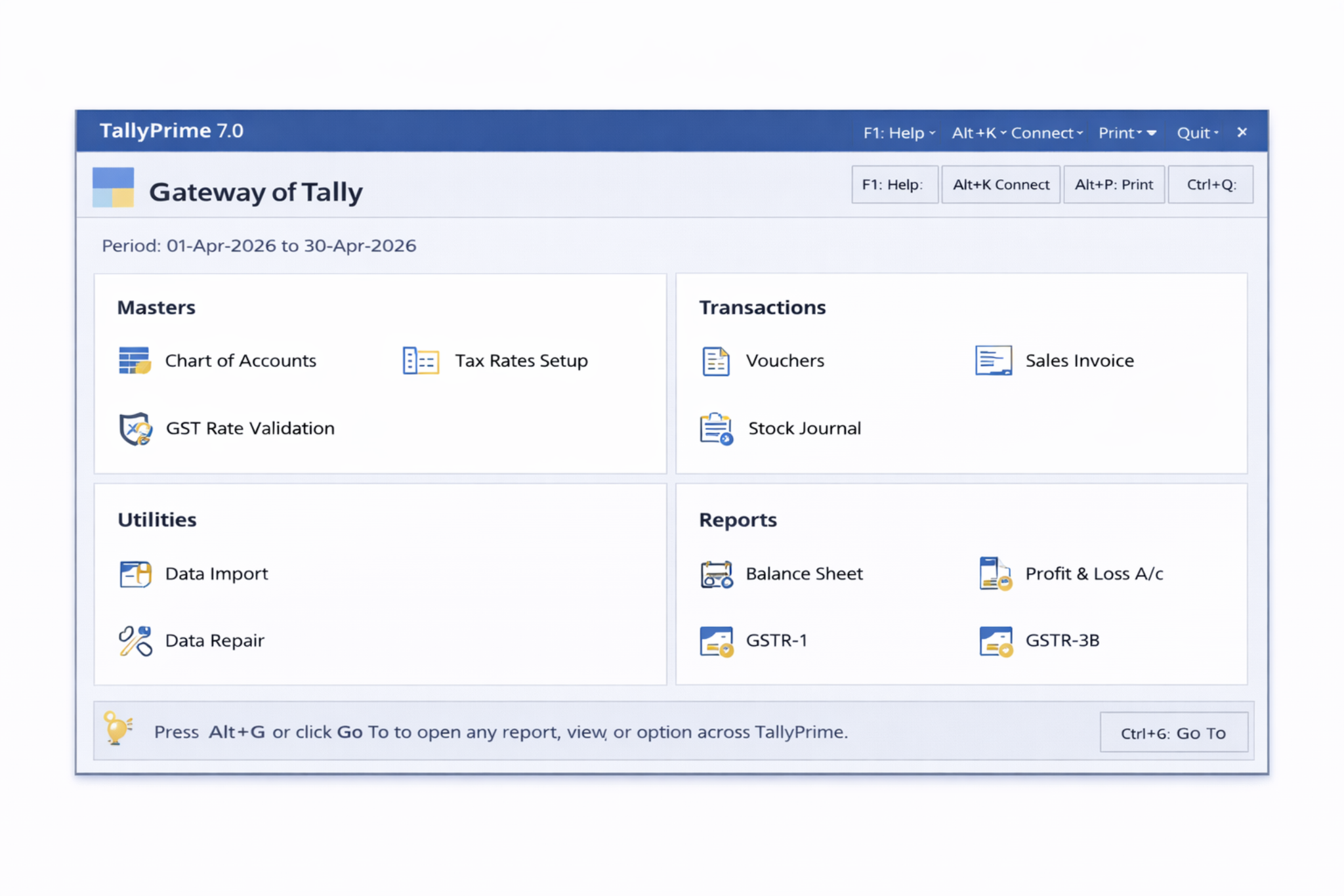 Updated Gateway of Tally dashboard in TallyPrime 7.0 featuring GST Rate Validation and Tax Setup 2026