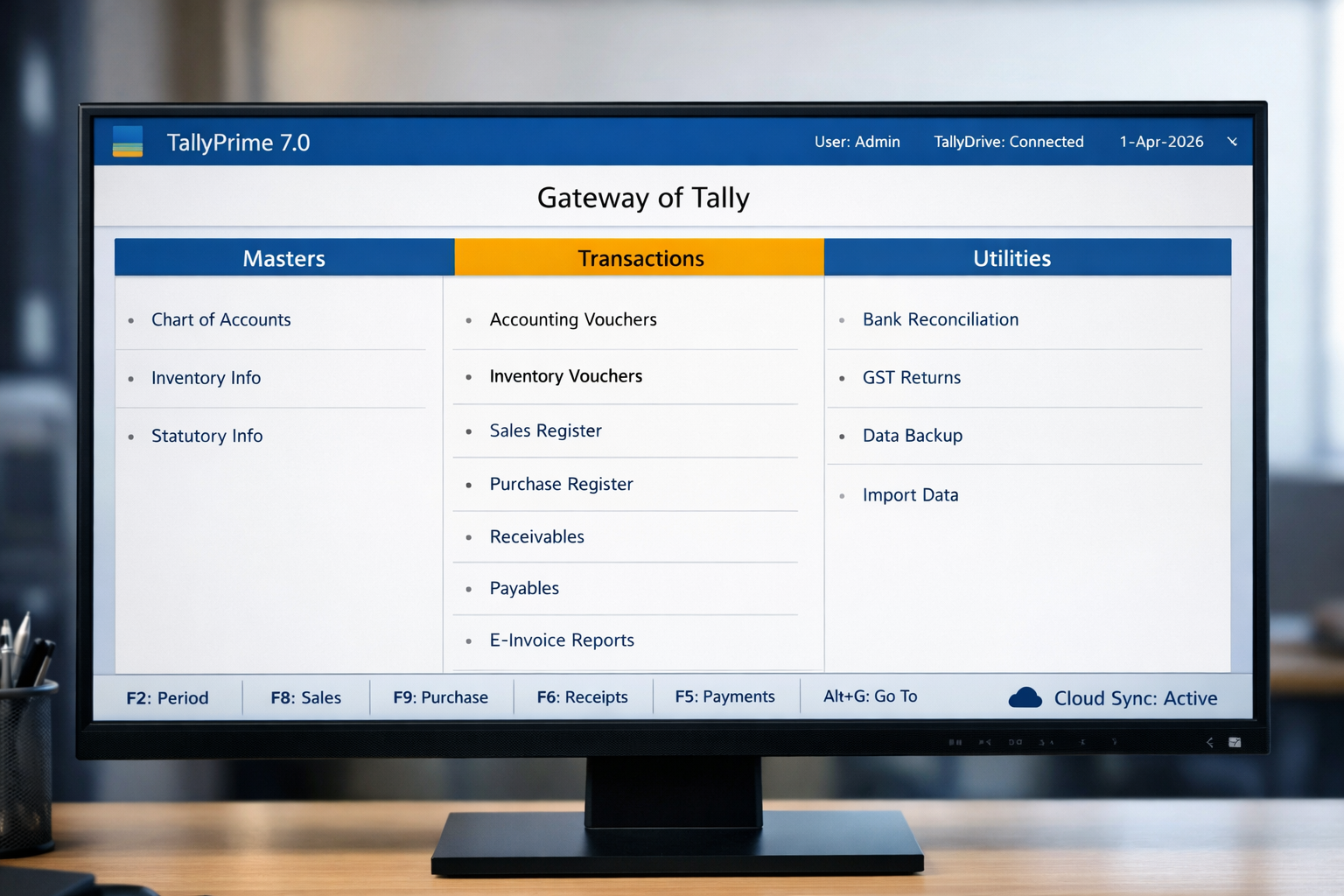 TallyPrime 7.0 main dashboard showing Gateway of Tally interface with TallyDrive connected and cloud sync active status for 2026 accounting.