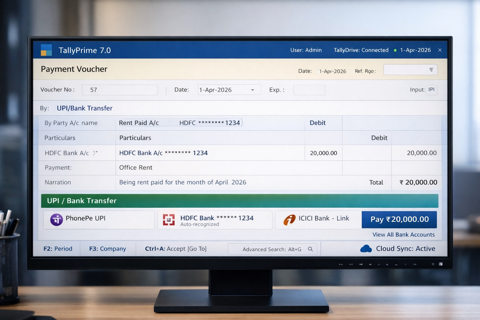 Recording a rent payment in Tally Prime 2026 using F5 Payment Voucher with integrated UPI and HDFC Bank transfer options.