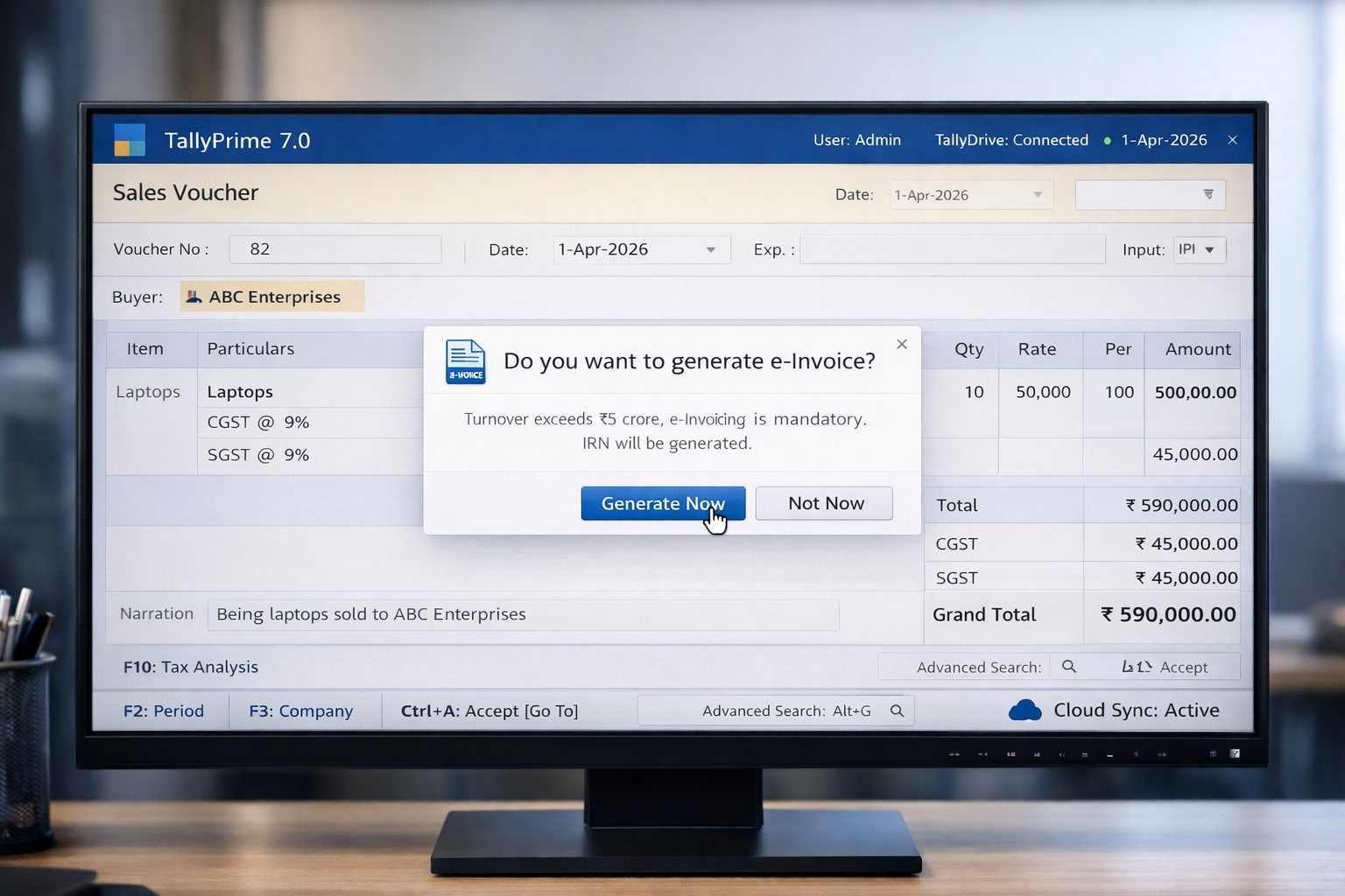 Sales voucher entry for laptops in Tally Prime showing automatic GST calculation and e-invoice generation prompt for compliance.