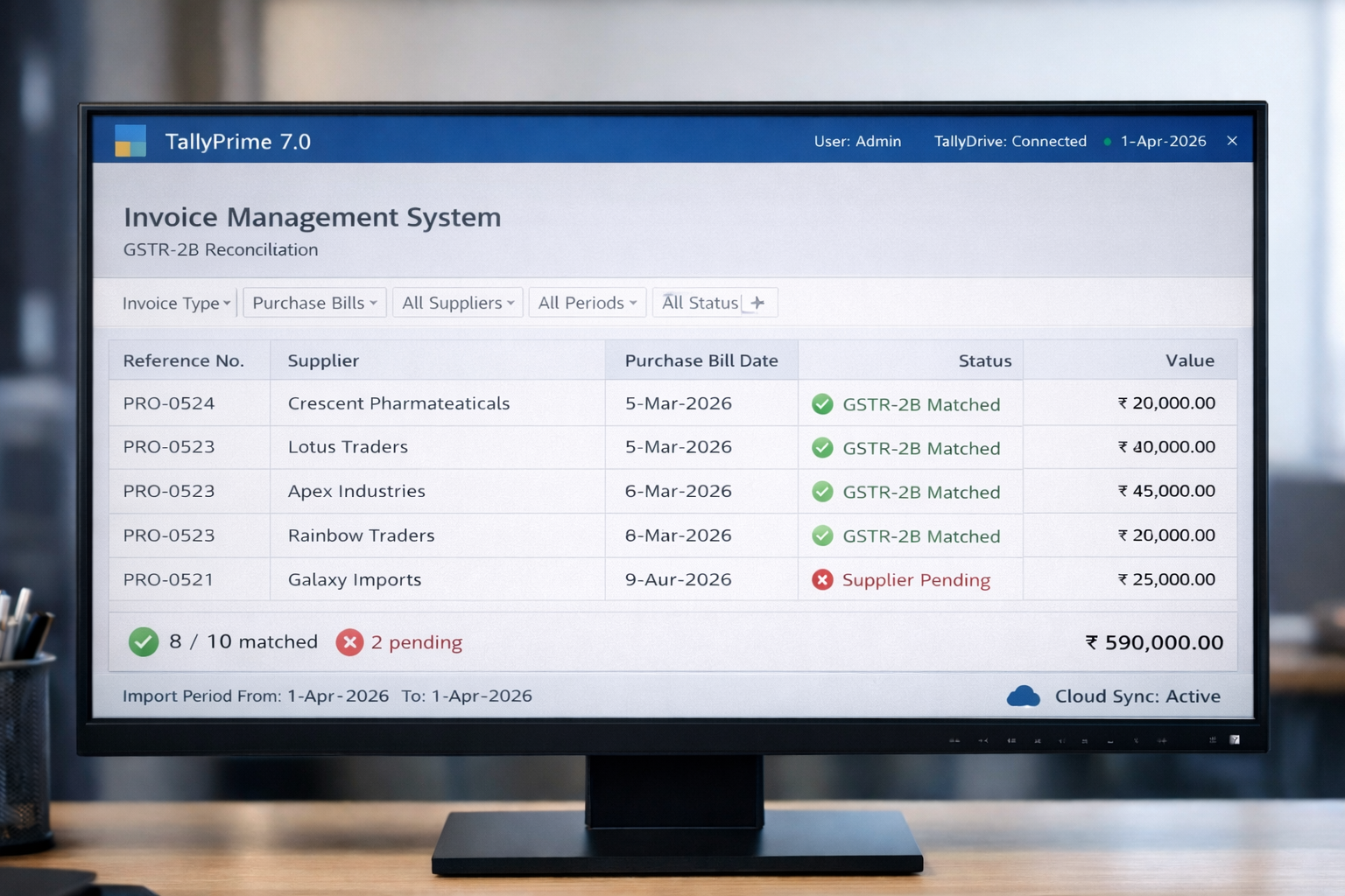Tally Prime 7.0 Invoice Management System dashboard showing real-time GSTR-2B reconciliation and supplier filing status for ITC.