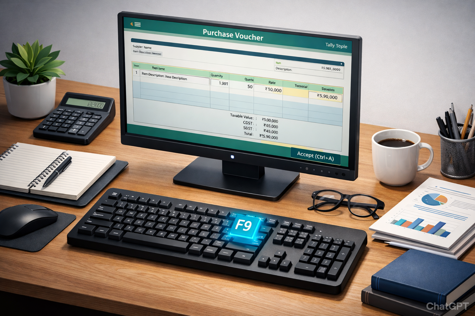 Tally Prime 2026 Purchase Voucher F9 entry showing 50 units monitor example