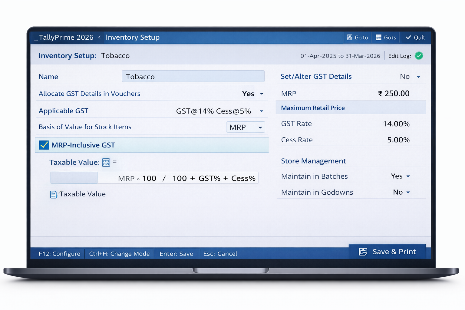 TallyPrime 2026 MRP-Inclusive GST Configuration for Tobacco