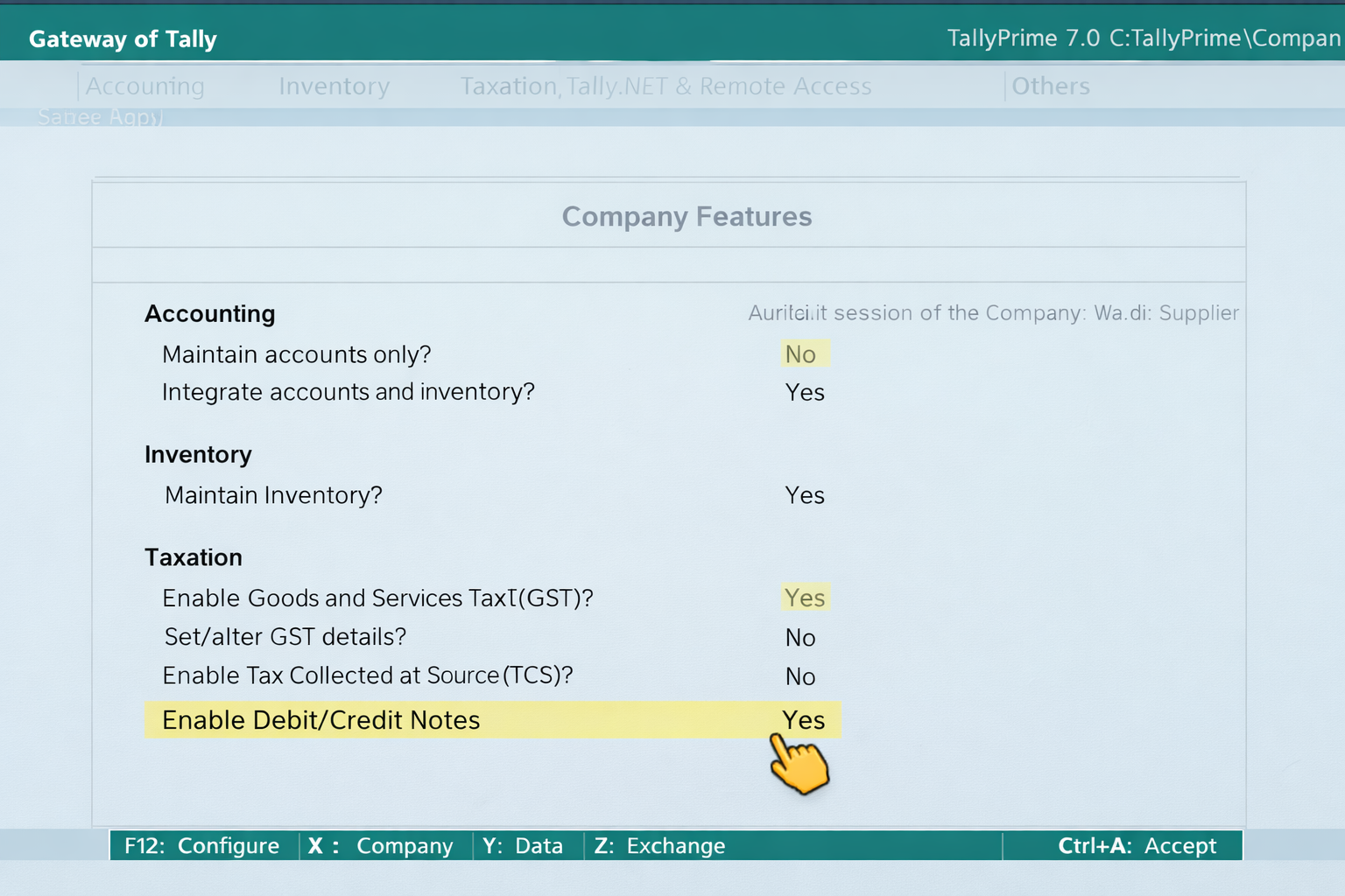 Enabling Credit Note feature in TallyPrime 7.0 F11 Company Features.