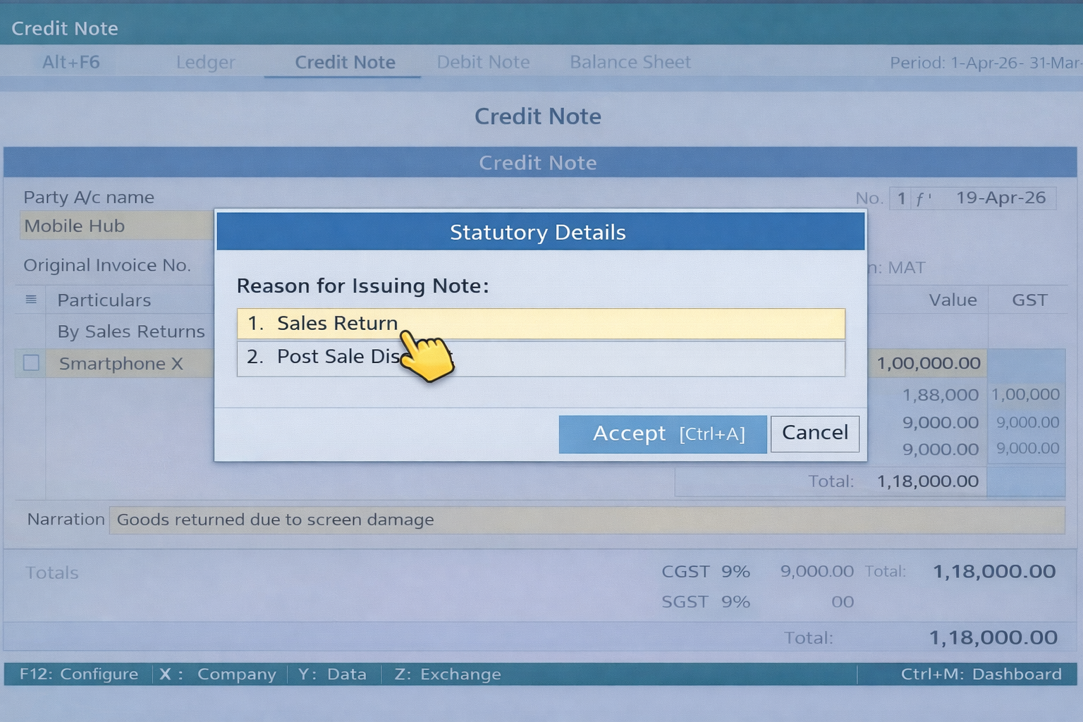Selecting Sales Return as the reason in TallyPrime Statutory Details.