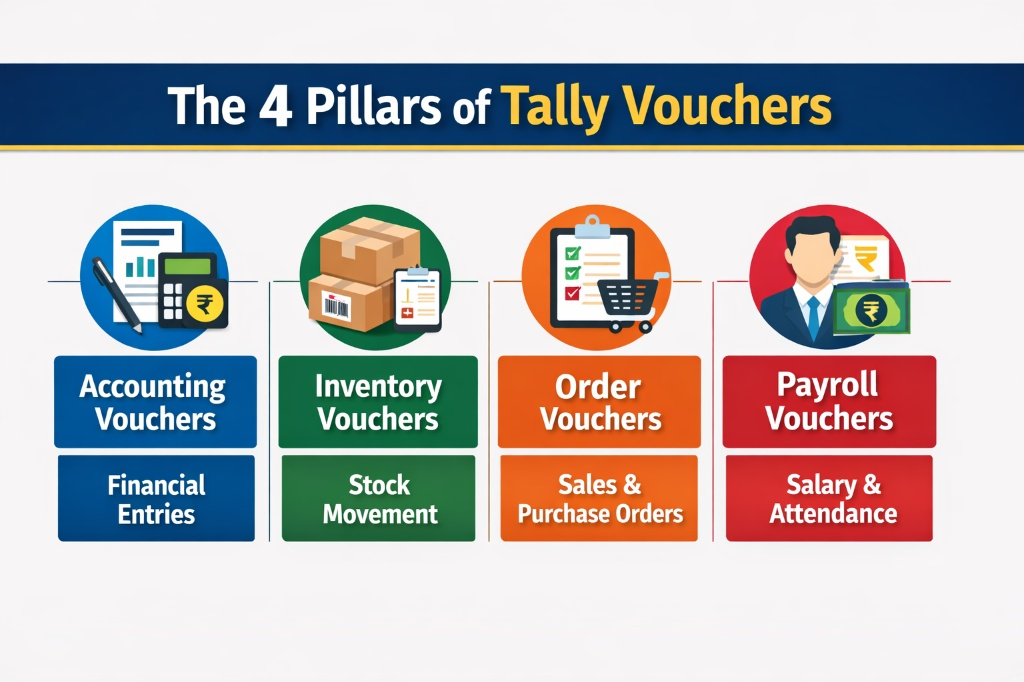 Infographic showing the 4 Pillars of Tally Vouchers: Accounting, Inventory, Order, and Payroll types in Tally Prime 2026.