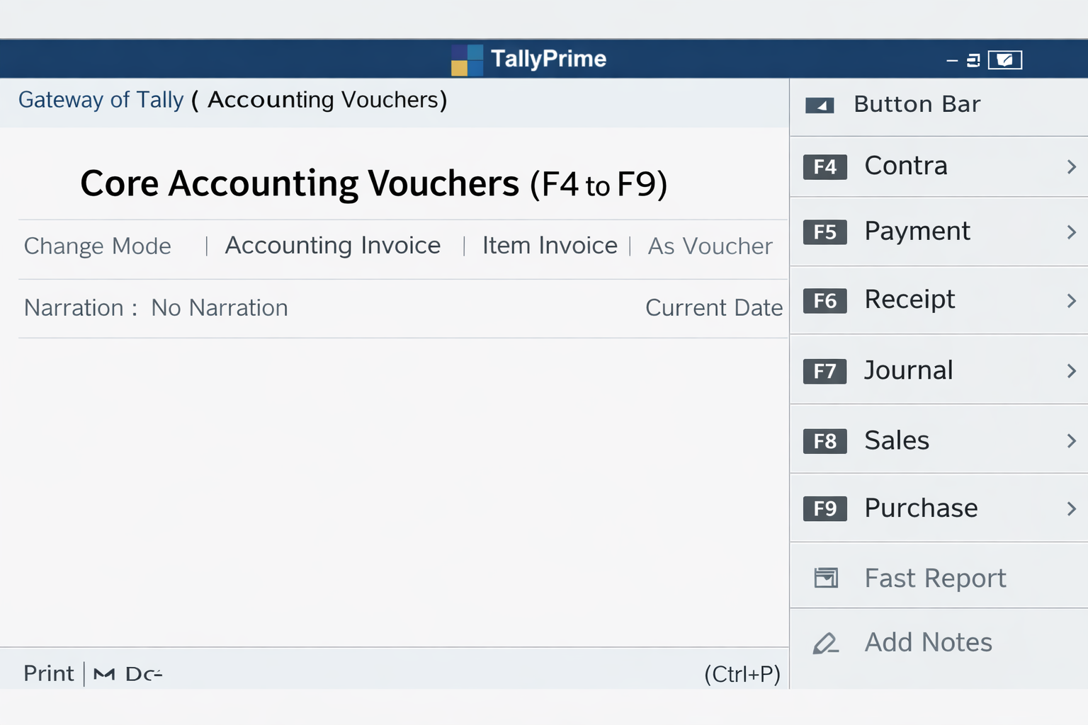 List of core accounting voucher types in Tally Prime with shortcut keys F4 to F9 for professional bookkeeping.