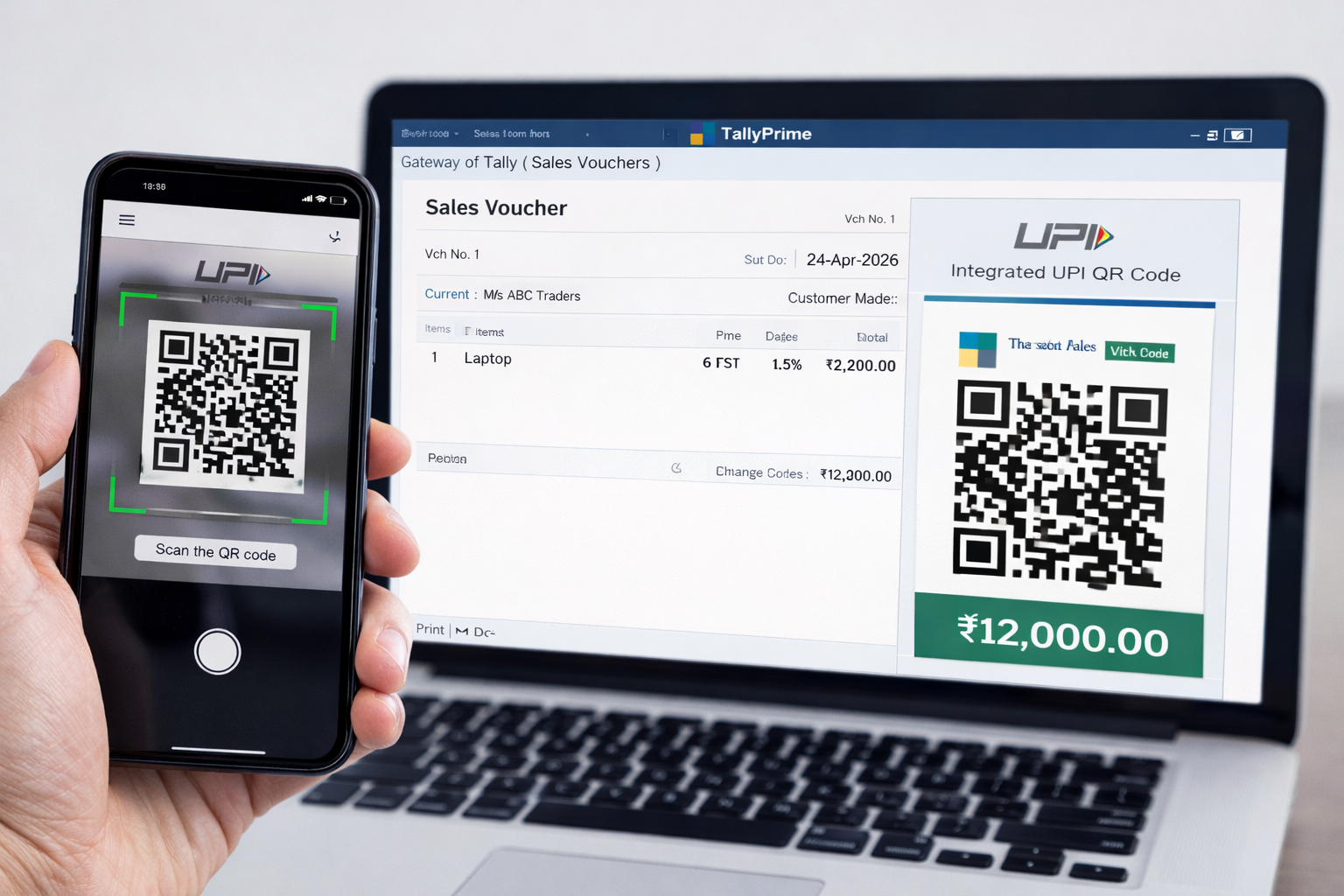 Tally Prime 2026 feature showing integrated UPI QR code on sales voucher for automated digital payments.
