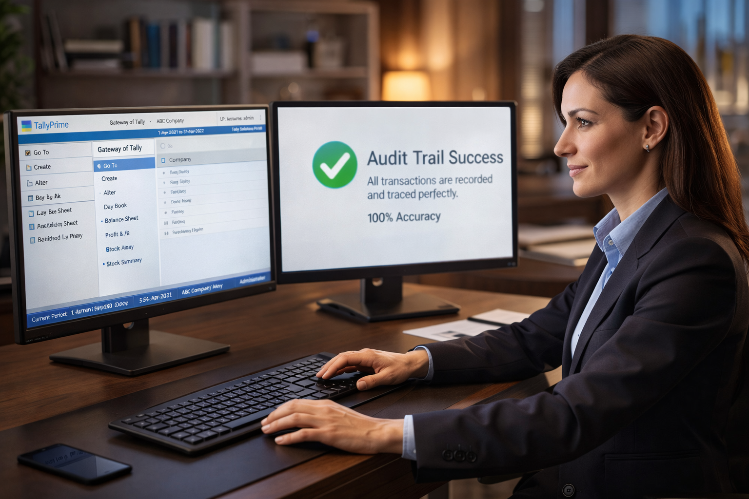 Professional female accountant using dual monitors for Tally Prime audit trail and data accuracy check.