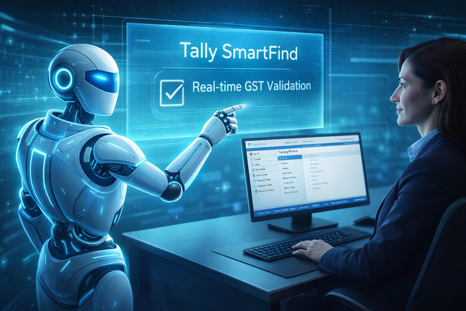 AI assistant showing Tally Prime 2026 SmartFind and Real-time GST Validation features on a digital screen.