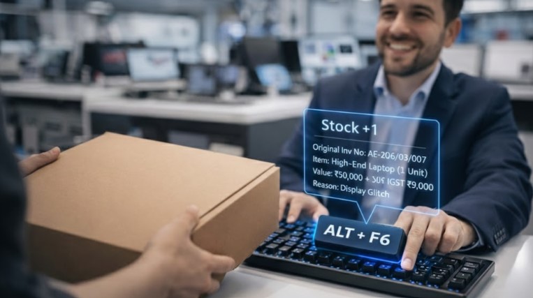 Real life example of recording sales return in Tally Prime for damaged laptop GST adjustment.