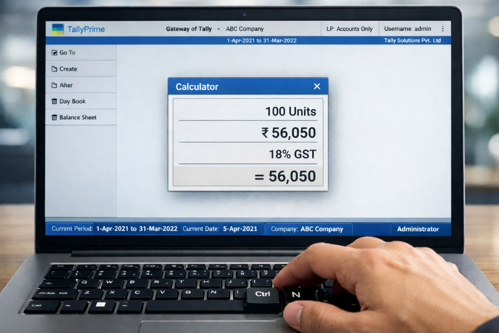 Laptop screen displaying Tally Prime built-in calculator with a total Sales Order value of 56,050.