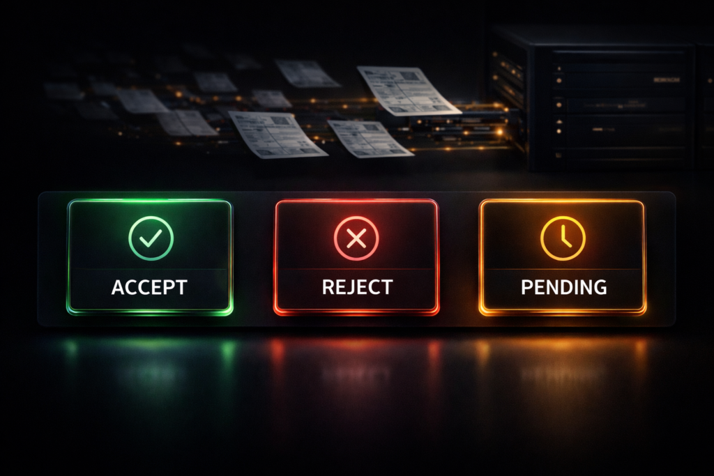 IMS Portal interface with digital buttons for Accept, Reject, and Pending invoice actions for ITC.