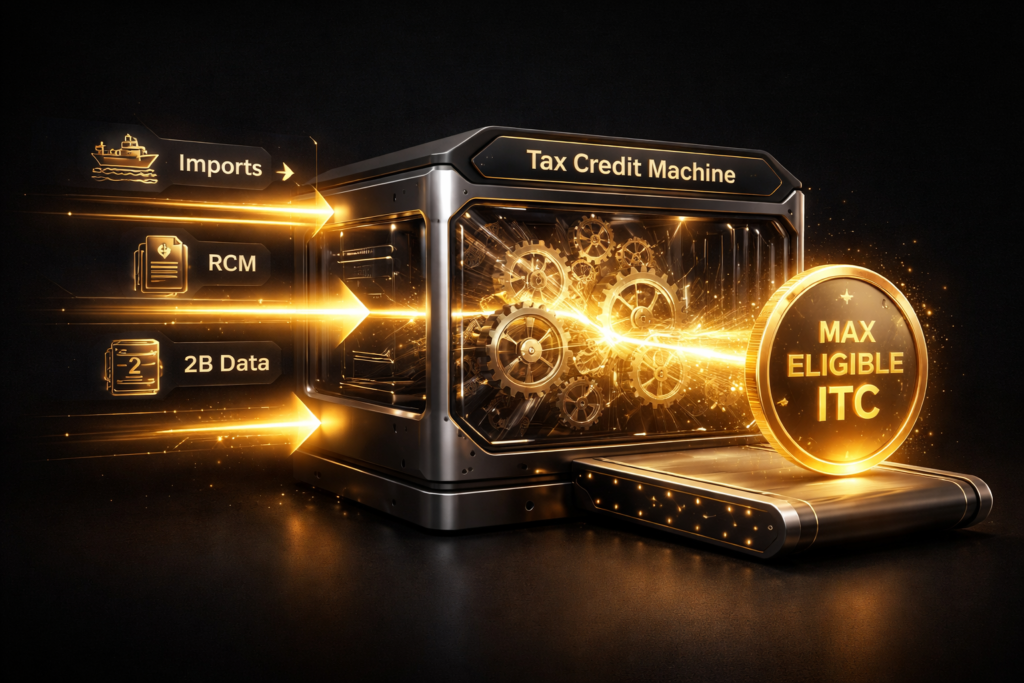 Conceptual Tax Credit Machine showing inputs like Imports, RCM, and 2B data being optimized for Max Eligible ITC.
