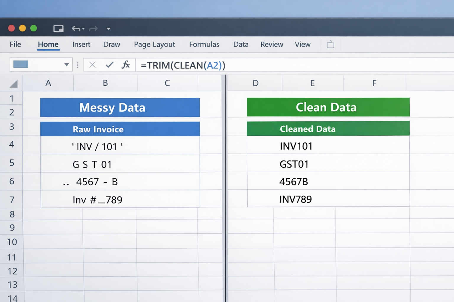 Excel formula TRIM and CLEAN function example for GST invoice data.
