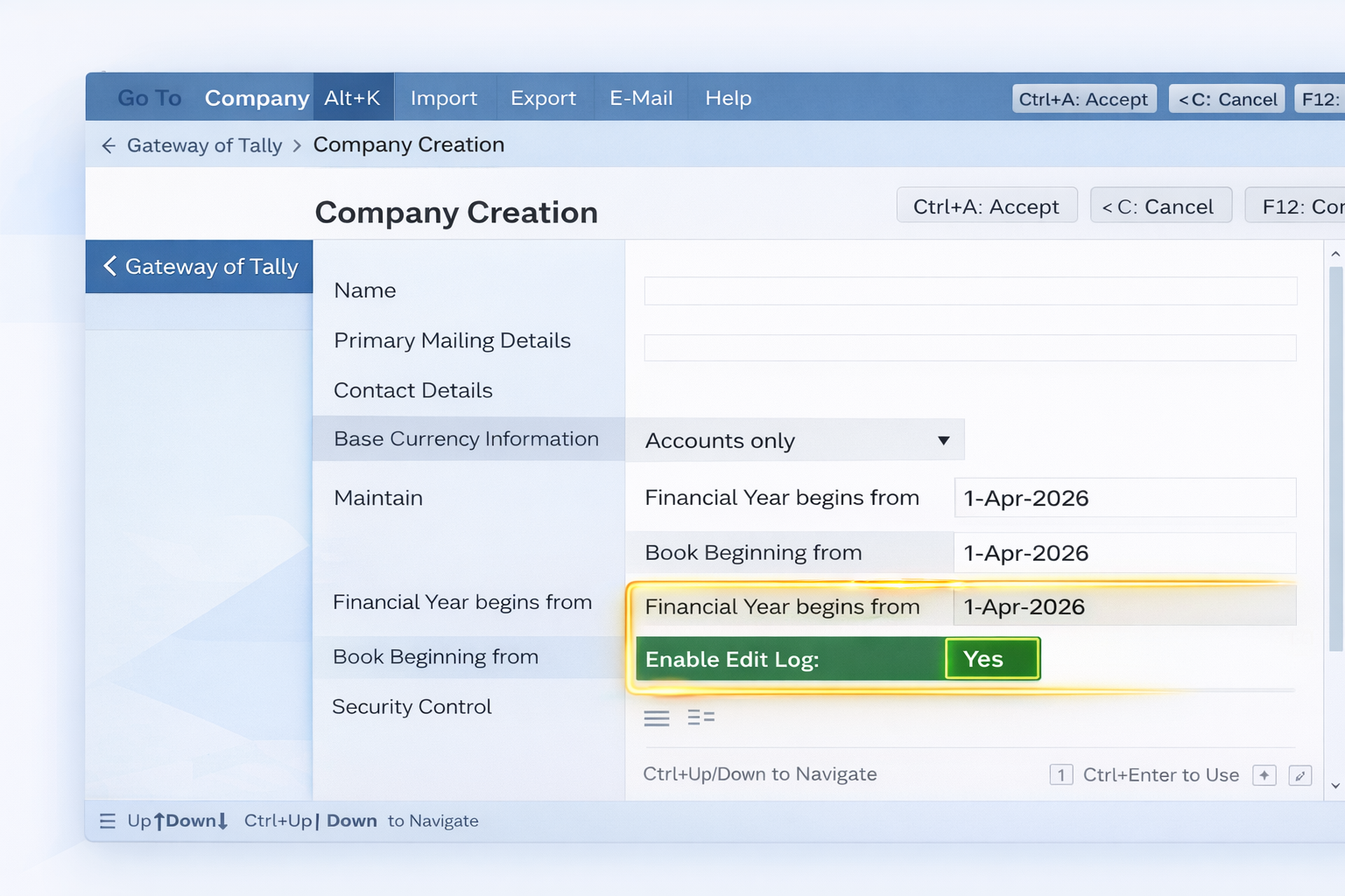Tally Prime 2026 Company Creation Edit Log Enable Yes Setup