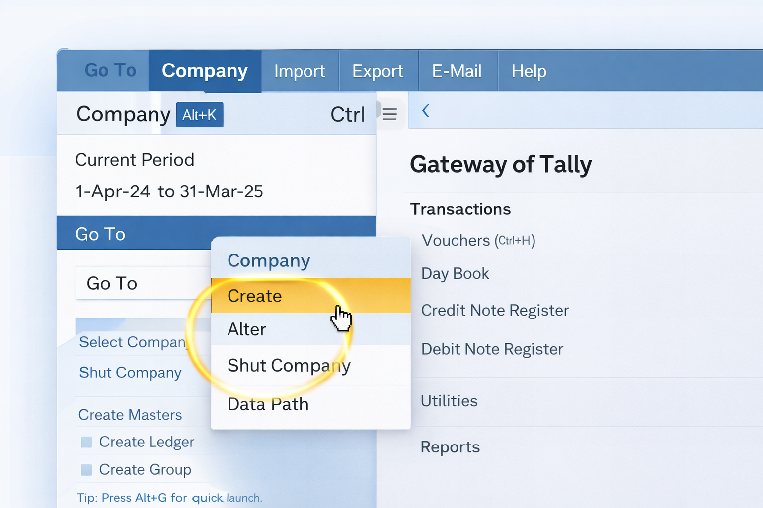 Tally Prime Alt+K Company Menu Create Shortcut Highlight