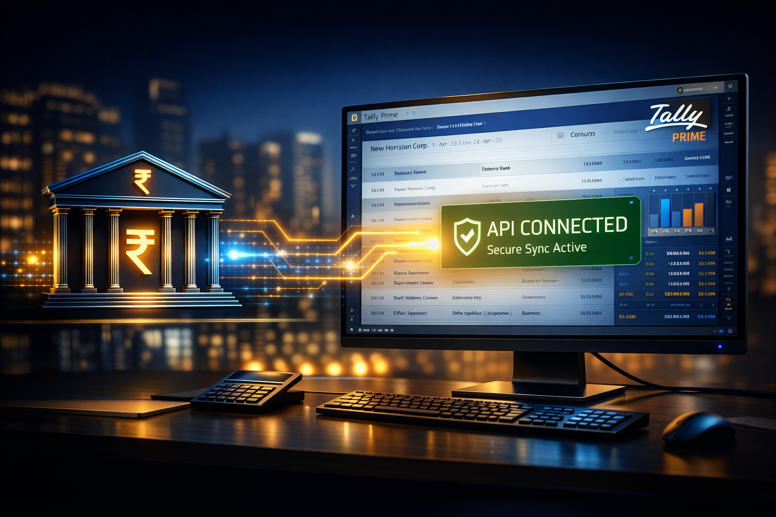 Tally Prime 2026 Direct API Sync with Bank Server showing Secure Connection Status.