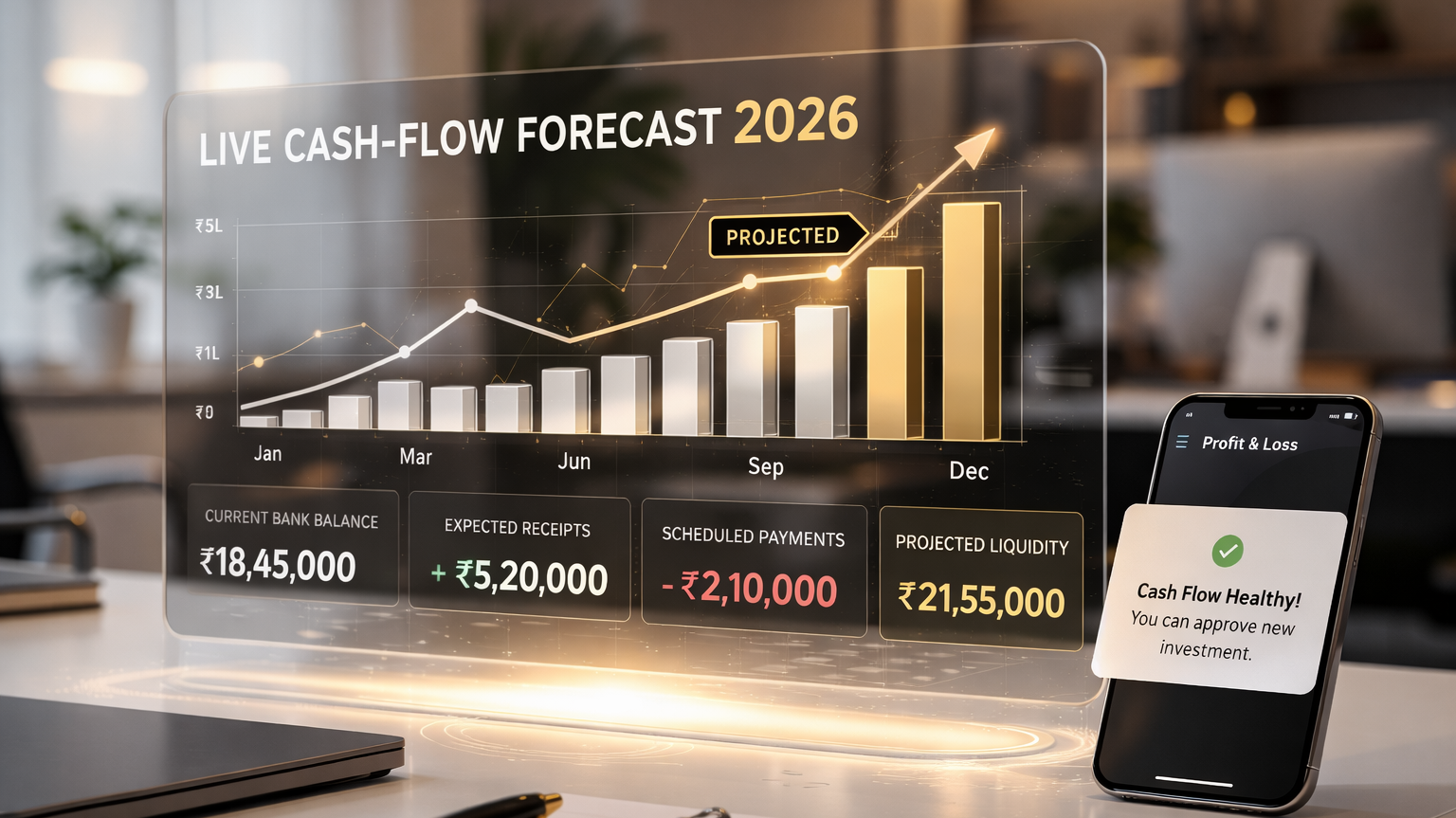 Tally Prime 2026 Holographic Dashboard showing live Cash Flow Forecast and Projected Liquidity.