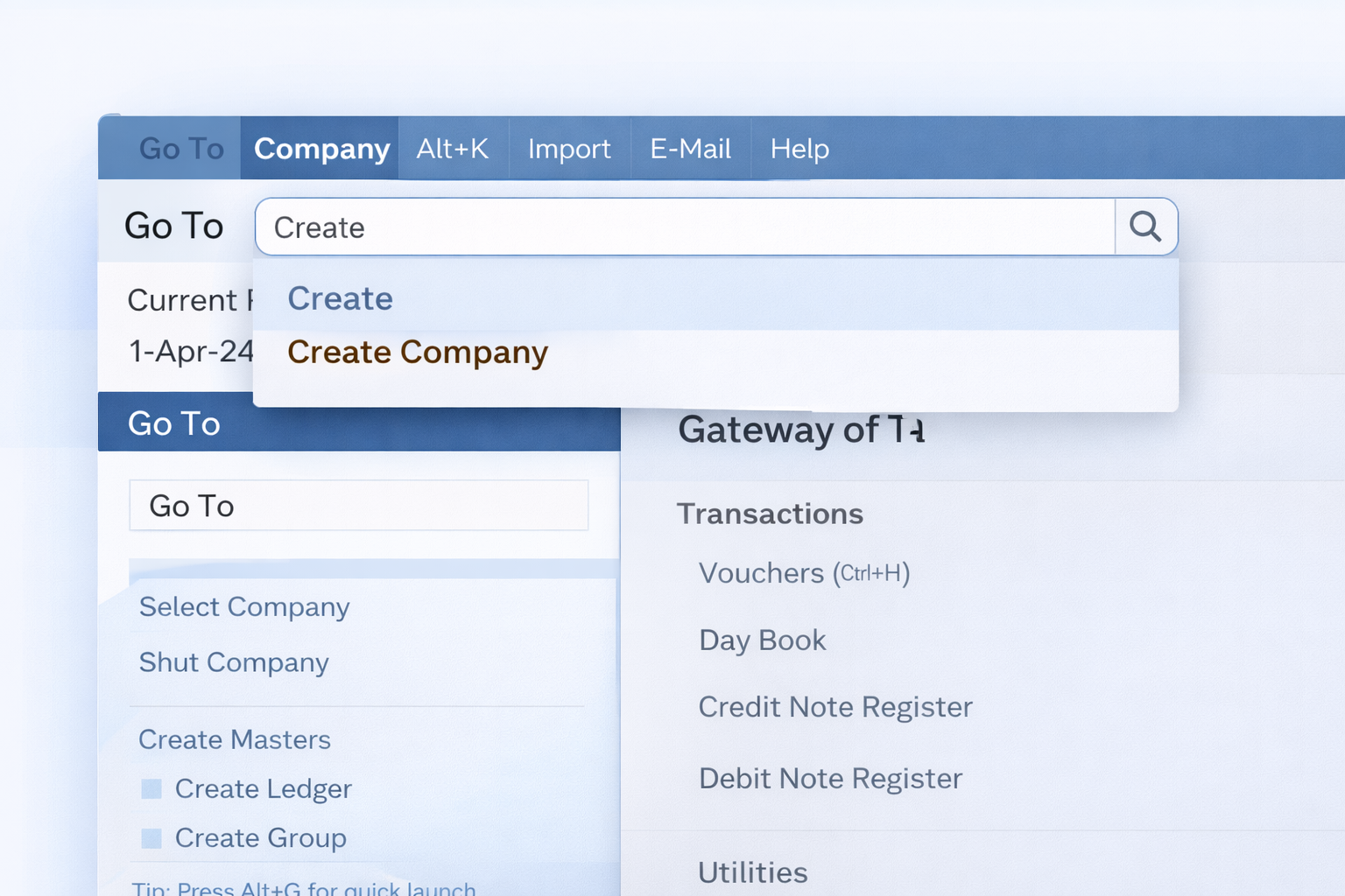 Tally Prime 2026 Go To Search Bar Create Company Feature