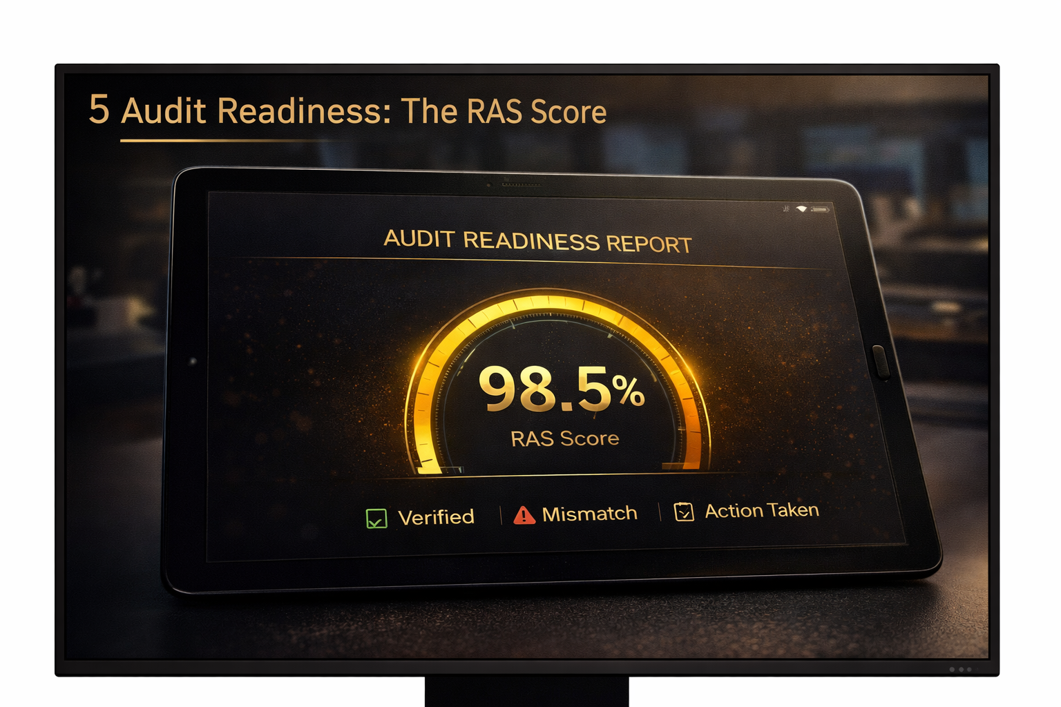 Tablet showing TallyPrime 2026 Audit Readiness Report with 98.5% RAS Score meter.