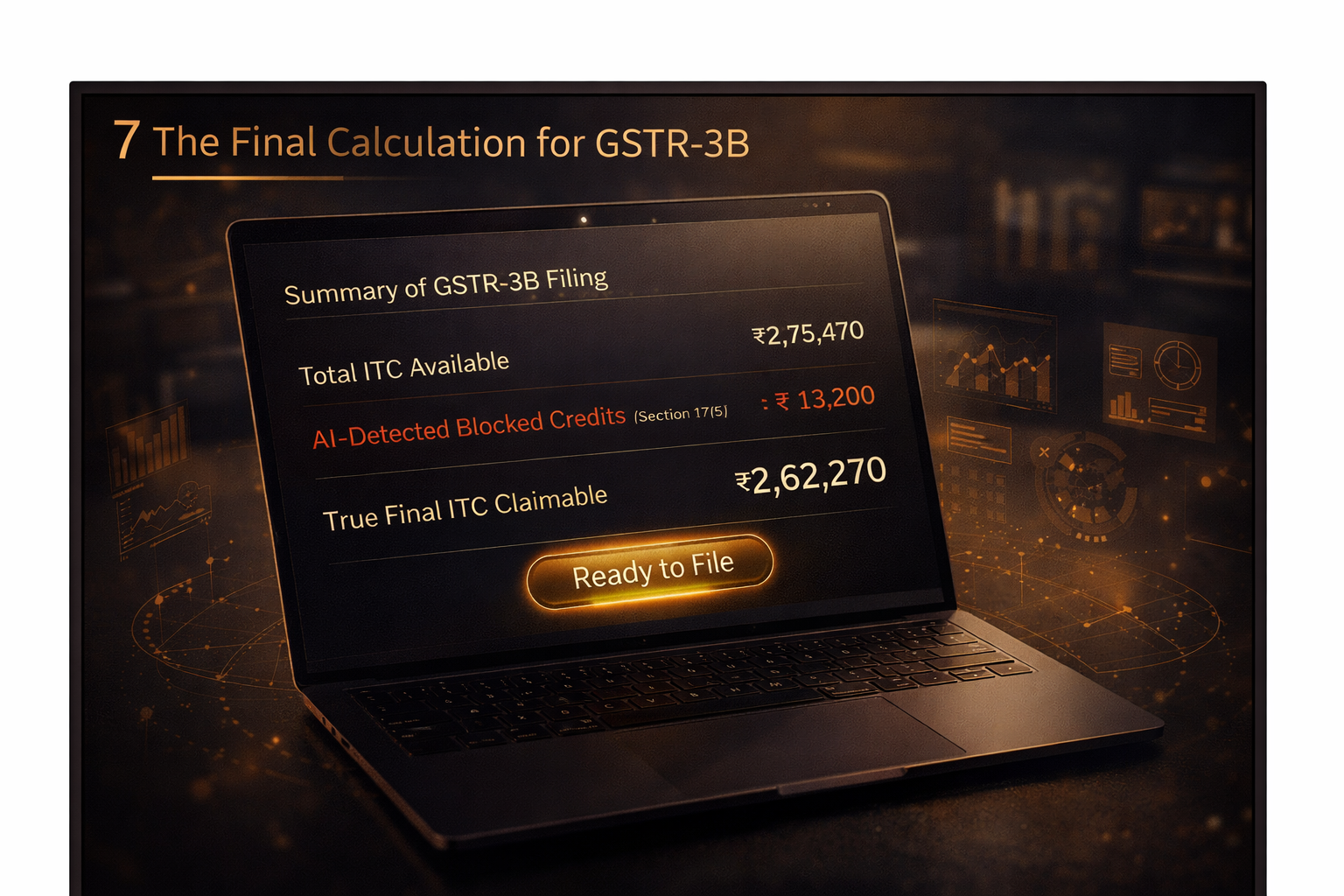 Laptop displaying GSTR-3B Final ITC Calculation with Ready to File button in TallyPrime 2026.