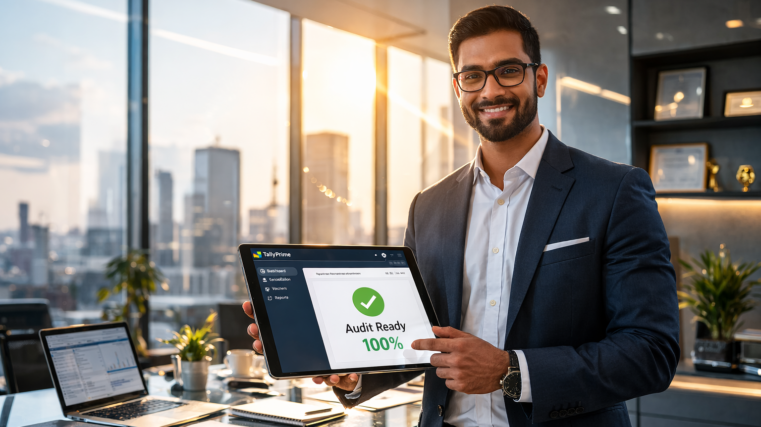 Confident Tally professional holding tablet displaying 100% Audit Ready status.