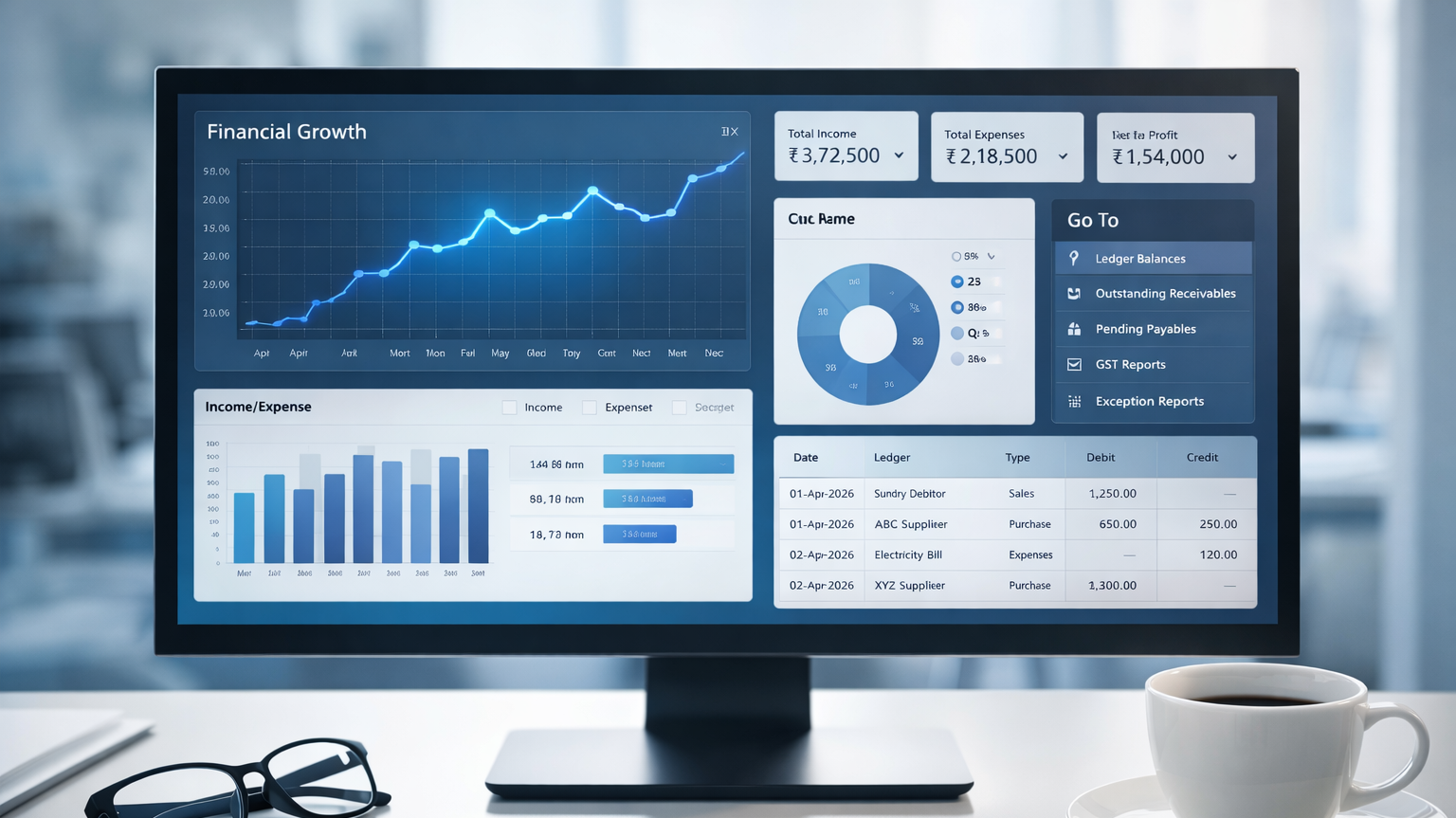 Professional Tally Prime financial dashboard showing ledger balances and exception reports.