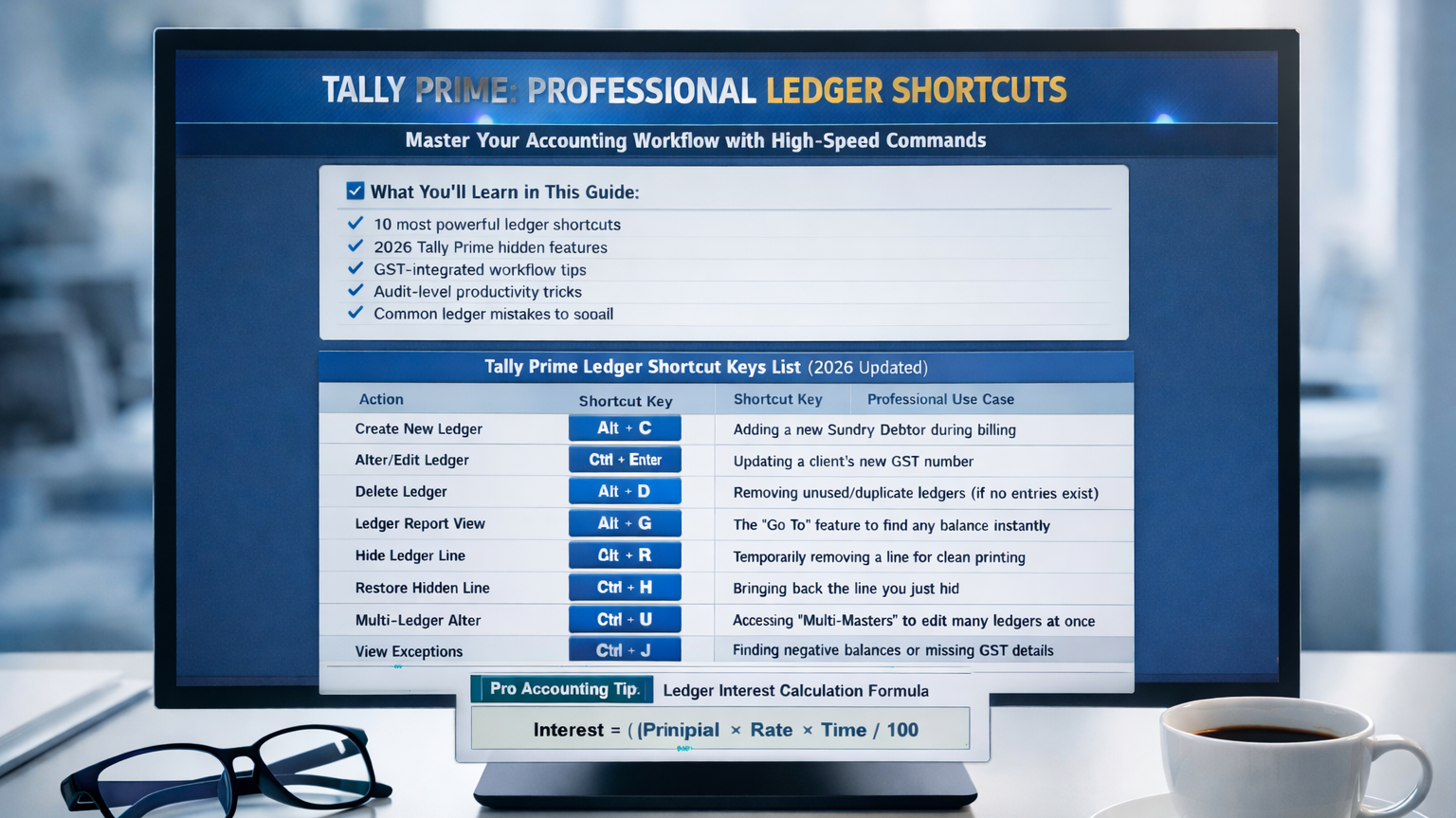 Complete Tally Prime Ledger Shortcut Keys List with Interest Calculation Formula 2026.