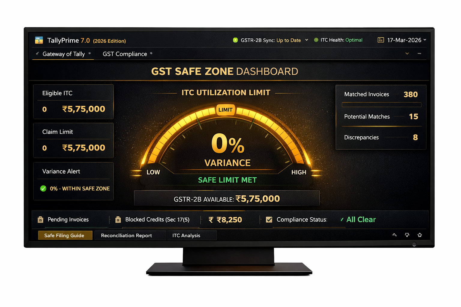 TallyPrime 2026 Dashboard showing 0% ITC Variance and Safe Limit Met gauge on high-tech background.