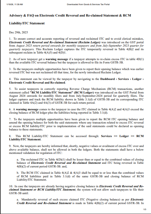 GSTN Advisory on ECRS Ledger Negative Balance Hard Blocking.